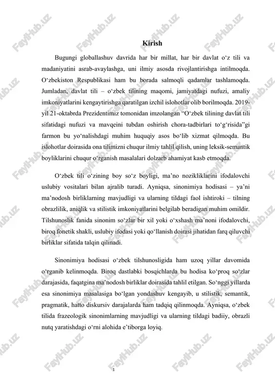 i yoritish, sinonimlarning turlari va tasnifini aniqlash, ularning til tizimidagi roli hamda o‘zbek tilshunosligida qanday o‘rganilganini tahlil qilishga qaratilgan. shu bilan birga, frazeologik sinonimlarning xususiyatlarini aniqlash va ular asosida til boyligini ko‘rsatish ham ishning muhim vazifalaridan biridir. [1: orifjonova sh. lug‘aviy sinonimiya va graduonimiya munosabati xususida// o‘zbek tili va adabiyoti. – toshkent, 2007. 6-son. – b.109] [2: jumaniyozov r. sinonimlar ta’rifi masalasi// o‘zbek tili va adabiyoti. – toshkent, 1970. 1-son. – b.5.] [3: hojiyev a. o‘zbek tili sinonimlarining izohli lug‘ati. – toshkent. o‘qituvchi, 1974. – b. 45-46.] [4: rahmatullayev sh. semik tahlil va leksik sinonimiyani ta’riflash masalasi// o‘zbek tili va adabiyoti. – toshkent, 1979. 5-son. – b.55.] [5: rahmonov g‘. o‘zbek tili sinonimlarida darajalanish// o‘zbek tili va adabiyoti, 2020. 3-son. – b.111.] [6: orifjonova sh. o‘zbek tilida lug‘aviy graduonimiya. – toshkent. nda, 1996.] ishning maqsadi – o‘zbek tilida sinonimiya hodisasining lingvistik mohiyatini ochib berish, sinonim birliklarning turlari va funksional xususiyatlarini …