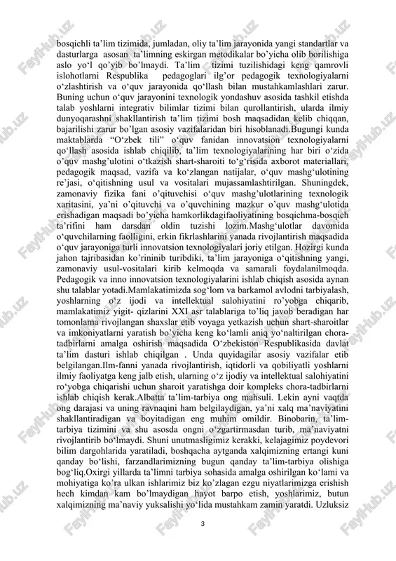 hqa kommunikativ sifatlarni ham mazkur to‘g‘rilik sifatisiz tasavvur etishning imkoni yo‘q. shuning uchun ham to‘g‘rilik nutq madaniyatining birlamchi, ilk bosqichi hisoblanadi. siz, albatta, bu sifatning asosiy chizgilari bilan oldingi sinflarda tanishgansiz.shubhasizki, nutq madaniyatining oliy bosqichi sanaladigan aniqlik, mantiqiylik, ifodalilik, boylik, soflik, jo‘yalilik kabi sifatlarning har birini yetarli darajada idrok qilish va ularni nutqda namoyon qila bilish madaniy nutqqa chinakam sohiblikning, shaxs nutqiy kamolotining zaminini tashkiletadigan jihatlardir.«kadrlar tayyorlash milliy dasturi» hamda «ta’lim to’g’risida» gi qonun asosida o‘zbekistonda amal qilinayotgan ko’p bosqichli ta’lim tizimida, jumladan, oliy ta’lim jarayonida yangi standartlar va dasturlarga asosan ta’limning eskirgan metodikalar bo’yicha olib borilishiga aslo yo‘l qo’yib bo’lmaydi. ta’lim tizimi tuzilishidagi keng qamrovli islohotlarni respublika pedagoglari ilg’or pedagogik texnologiyalarni o‘zlashtirish va o‘quv jarayonida qo‘llash bilan mustahkamlashlari zarur. buning uchun o‘quv jarayonini texnologik yondashuv asosida tashkil etishda talab yoshlarni integrativ bilimlar tizimi bilan qurollantirish, ularda ilmiy dunyoqarashni shakllantirish ta’lim tizimi bosh maqsadidan kelib chiqqan, bajarilishi zarur bo’lgan asosiy …