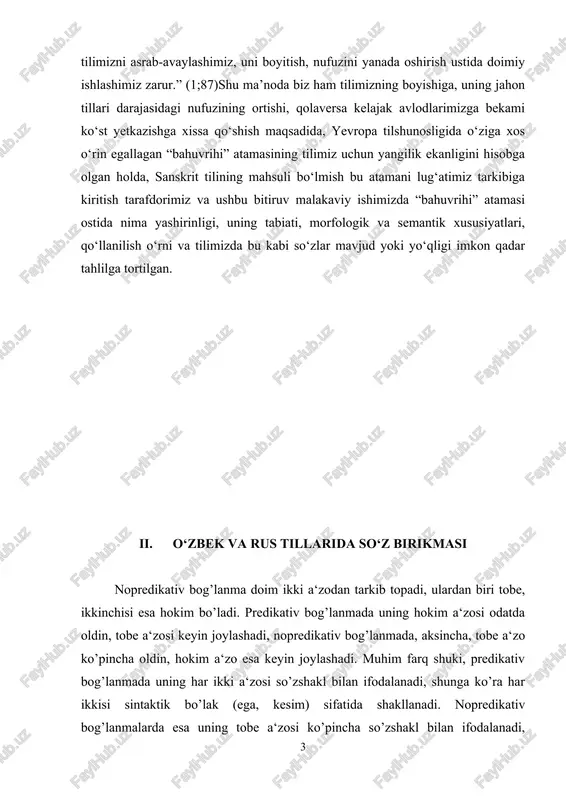 “bahuvrihi” atamasi ostida nima yashirinligi, uning tabiati, morfologik va semantik xususiyatlari, qo‘llanilish o‘rni va tilimizda bu kabi so‘zlar mavjud yoki yo‘qligi imkon qadar tahlilga tortilgan. ii. o‘zbek va rus tillarida so‘z birikmasi nopredikativ bog’lanma doim ikki a‘zodan tarkib topadi, ulardan biri tobe, ikkinchisi esa hokim bo’ladi. predikativ bog’lanmada uning hokim a‘zosi odatda oldin, tobe a‘zosi keyin joylashadi, nopredikativ bog’lanmada, aksincha, tobe a‘zo ko’pincha oldin, hokim a‘zo esa keyin joylashadi. muhim farq shuki, predikativ bog’lanmada uning har ikki a‘zosi so’zshakl bilan ifodalanadi, shunga ko’ra har ikkisi sintaktik bo’lak (ega, kesim) sifatida shakllanadi. nopredikativ bog’lanmalarda esa uning tobe a‘zosi ko’pincha so’zshakl bilan ifodalanadi, shunga ko’ra shu a‘zogina sintaktik bo’lak (masalan, to’ldiruvchi) sifatida shakllaiadi. nopredikativ bog’lanmalar (bular birikma deb ham yuritiladi) turlicha tasnif qilinadi, shulardan biri tobe a‘zosining sintaktik mohiyati asosida tasniflash bo’lib, bunda sifatlovchili birikma, to’ldiruvchili birikma, holli birikma kabi bog’lanmalar ajratidadi. birikmalarning tobe a‘zosi (sifatlovchi, to’ldiruvchi, hol) gapning ikkinchi darajali bo’lagi …