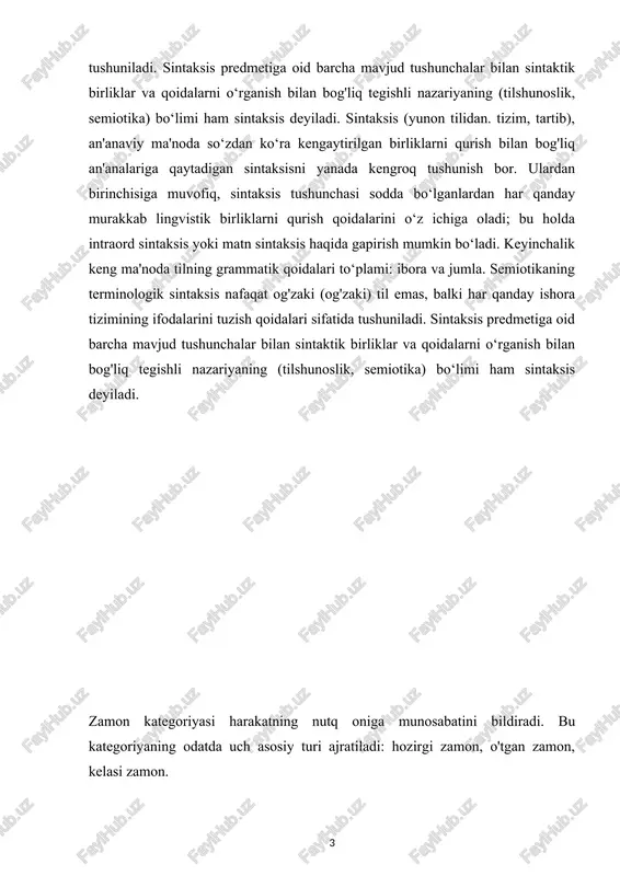 hakllar zidlanishi mavjud bo'lishi lozim. bunday xususiyat barcha fe'l shakllariga xos emas. zamon kategoriyasi avvalo, buyruq maylida yo'q. bu fe'l shakli nutq onidan keyin sodir bo'lishi kutiladigan harakatni bildiradi, lekin zamon shakllarining zidlanishi (tuzumi) yo'q, demak, zamon kategoriyasi bu maylga mansub emas. bu hodisa rus va o'zbek tillarida bir xil. rus tilida soglagatelnoe naklonenie o'tgan zamon shakli asosida hosil qilinadi, lekin bu yerda ham boshqa zamon shakllari yo'q, demak, zamon kategoriyasi bu maylga ham mansub emas. ma'lumki, rus tilida zamon kategoriyasi vid kategoriyasiga bog'liq: nesovershenniy vid fe'llariga har uch zamon turi mansub: razgovarivayu, budu razgovarivat, razgovarival kabi; sovershenniy vid fe'llariga eaa kelasi zamon va o'tgan zamon turlari mansub, hozirgi zamon turi yo'q: napishu, napisal kabi. ko'rinadiki, rus tilida hozirgi zamonning va o'tgan zamonning bittadan shakli mavjud, kelasi zamonda esa ikki shakl-sintetik shakl va analitik shakl mavjud. rus tilida uzoq o'tgan zamon davom fe'li ham bor, lekin bu zamon shakli hozirgi …