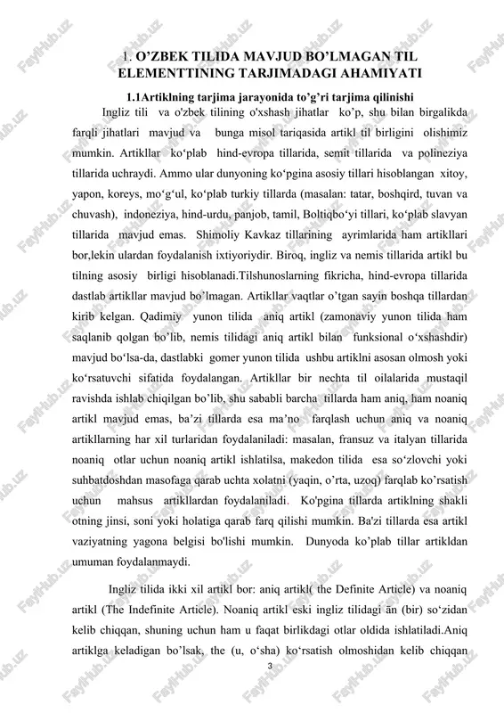 ib chiqqan, shuning uchun ham u faqat birlikdagi otlar oldida ishlatiladi.aniq artiklga keladigan bo’lsak, the (u, o‘sha) ko‘rsatish olmoshidan kelib chiqqan bo‘lib, ba’zi hollarda hozir ham dastlabki ma’nosini saqlab qolgan. artiklning alohida tarjimasi mavjud emas , u ot so’z turkumi oldidan ishlatiladi va undan foydalanish yoki foydalanmasligining ahamiyati katta.ammo o’zbek tiliga esa bunday til birligi mavjud emas.shuning uchun tarjima jarayonida vaziyatdan kelib chiqqan xolda uni turli so’zlarga tenglab tarjima qilamiz.bu jarayonni yana ham aniq tushunish uchun misollar yordamida birgalikda ko’rib chiqamiz. 1)we have abolished such an outdated legacy of the past as exit visas, which were limiting the freedom of movement. odamlarning erkin harakat qilishini cheklaydigan xorijga chiqish vizalari singari umrini mutlaqo o‘tab bo‘lgan o‘tmish qoldiqlari bekor qilindi. 2)in a word, absolutely new political atmosphere was created in the region in a short period of time. bir so‘z bilan aytganda, o‘tgan qisqa vaqt mobaynida mintaqada mutlaqo yangi siyosiy muhit yaratishga …