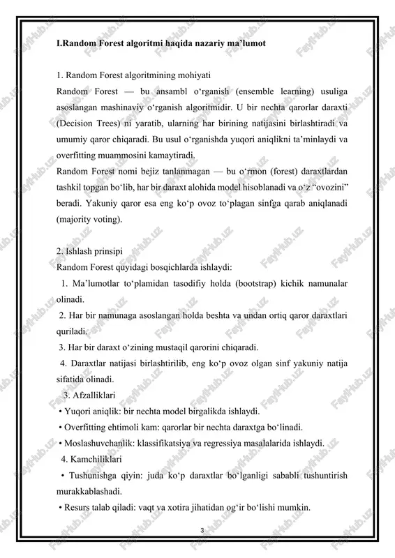 hxislash, tahlillarni avtomatlashtirish. • moliya: mijozlarni risk guruhlariga ajratish, firibgarlikni aniqlash. • marketing: xaridor xatti-harakatlarini tahlil qilish. • genetika: dnk tahlili, genetik bog‘liqlikni aniqlash. • kiberxavfsizlik: hujum turlarini ajratish, xavfli tizim harakatlarini aniqlash. iii. omonimlar va ularning nlp’dagi ahamiyati 1. omonimlar nima? omonimlar — yozilishi va talaffuzi bir xil, lekin ma’nosi turlicha bo‘lgan so‘zlardir. masalan: • ol – “mevani ol” yoki “ol degan buyrug‘i” • ko‘z – “ko‘z bilan ko‘rish” yoki “ignaning ko‘zi” • yurak – “yurak a’zosi” yoki “yurakli inson” (jasurlik ma’nosida) omonimlar tilning boyligi va ko‘p ma’noliligi sifatida qadrlansa-da, kompyuterlar uchun bu katta muammo tug‘diradi, ayniqsa matnni avtomatik tahlil qilish jarayonlarida. 2. nlp (natural language processing) kontekstida muammo nlp — kompyuterlarga tabiiy tilni tushunishni, qayta ishlashni o‘rgatuvchi texnologiya hisoblanadi. omonimlar nlp tizimlari uchun quyidagi muammolarni keltirib chiqaradi: • so‘z ma’nosini noto‘g‘ri tushunish • kontekstni aniqlay olmaslik • avtomatik tarjima va matn tahlilida xatoliklar 3. omonimlar bilan ishlashda qo‘llaniladigan …