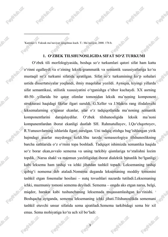 ati.tilshunoslikda sememani tashkil etuvchi unsur sifatida sema ajratiladi.semema tarkibidagi sema bir xil emas. sema mohiyatiga koʻra uch xil boʻladi: 1) atash semasi (denotativ sema); 2) ifoda semasi (konnotativ sema); 3) vazifa semasi (funksional sema). ___________________________________ 2abdurahmonov gʻ., shukurov sh. oʻzbek tilining tarixiy grammatikasi. morfologiya va sintaksis. t. oʻqituvchi, 1973.320 b. atash semasi borliq bilan, ifoda semasi soʻzlovchining munosabati bilan, vazifa semasi esa leksemaning lison va nutqdagi roli bilan belgilanadi. ifoda semani matndan tashqaridan emas, balki matn doirasida chuqurroq his etamiz. darhaqiqat, qizlarning oy, moh, quyosh, oltin, kumush, yoqut, gavhar, gul; yigitlarning chinor, burgut, arslon, sher va hokazolarga nisbat berilishi ifoda sema bilan bogʻliq. quyidagi misollarga e’tibor beraylik: qoʻlim tegmay toʻkilgan qizgʻaldogʻim, endi seni izlab qaydan toparman. (m.yusuf) yoki: kel ovqatingni yeb ol, arslonim. (h.nazir) bularda moh, ya’ni oyning (toʻlin oy) yorugʻligi, qizgʻaldoqning nozikligi, qoʻl tegishi bilan toʻkilib ketishi, arslonning kuchliligi, qat’iyatligi ma’no koʻchirilishiga asos boʻlib xizmat qilib kelgan. xullas, soʻzni …