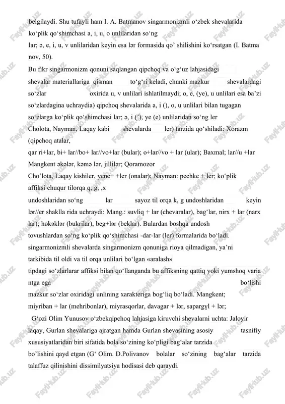 ar, davagar + lәr, sapargүl + lәr; g‘ozi olim yunusov o‘zbekqipchoq lahjasiga kiruvchi shevalarni uchta: jaloyir laqay, gurlan shevalariga ajratgan hamda gurlan shevasining asosiy tasnifiy xususiyatlaridan biri sifatida bola so‘zining ko‘pligi bag‘alar tarzida bo’lishini qayd etgan (g‘ olim. d.polivanov bolalar so‘zining bag‘alar tarzida talaffuz qilinishini dissimilyatsiya hodisasi deb qaraydi. f. a. abdullayev fikricha bagalar formasi bolalar baalar> > bahalar bag‘alar tarzida vujudga kelgan . a. g‘. g‘ulomov g‘ozi olim qayd etgan bag‘alar shakliga to‘xtalib, bu so‘zning ko‘pligi «...odatdagi kabidir, biroq farq shundaki, bu o‘rinda u bola so‘zining mongolcha formasiga qo‘shiladi (bog‘alar bolalar)» deb ko‘rsatgan. bag‘a- lar haqidagi birbiriga zid bo‘lgan yuqoridagi fikrlardan, biz- ningcha, faqat a. g‘ulomovning fikri to‘g‘ridir. xorazm qipchoq shevalaridagi bag‘alar so‘zi boshqa o‘zbek shevalarida bala+ + lar, bolalar, bәlәlәr, bәlәlә, balalar, bal+lar, ba: lәr, bol+ lәr, bәllәr, bal+dar, balla, bol+lә shakllari- da uchraydi. mongol, buryat mongol tillarida kichik, kichkina, yosh go‘dak, kichkintoy bola ma’nolarida baga (ko‘pligi baga+d) …