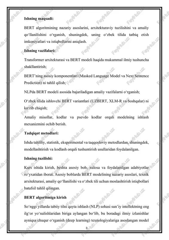 bu boradagi ilmiy izlanishlar ayniqsa chuqur o‘rganish (deep learning) texnologiyalariga asoslangan model va algoritmlar vositasida olib borilmoqda. nlpning dastlabki bosqichlarida qo‘llanilgan statistik va an’anaviy algoritmlar (masalan, n-gram modellar, bag of words, tf-idf) til birliklarini chuqur anglashda chegaralangan imkoniyatlarga ega edi. ayniqsa, kontekstni tushunmaslik, matnning semantik mazmunini anglay olmaslik bu modellarning asosiy kamchiliklaridan edi. 2017-yilda vaswani va hamkorlari tomonidan taklif etilgan transformer arxitekturasi esa nlpga bo‘lgan yondashuvni tubdan o‘zgartirdi. ushbu arxitektura asosida ishlab chiqilgan bert (bidirectional encoder representations from transformers) modeli esa 2018-yilda google tadqiqotchilari tomonidan taqdim etilib, nlpda inqilobiy natijalarga erishdi. bert nafaqat chuqur o‘rganish asosida ishlaydi, balki u matndagi har bir so‘zni ikki yo‘nalishda — chapdan o‘ngga va o‘ngdan chapga qarab tushunishga qodir bo‘lgan bidirectional modeldir. bert modelining yaratilish sabablari bert’ning yaratilishiga asosiy turtki bo‘lgan omil — tilni yaxlit kontekstda tushunishga bo‘lgan ehtiyoj edi. oldingi modellarda, xususan, gpt (generative pretrained transformer) faqat chapdan o‘ngga qarab kontekstni hisobga olar edi, …