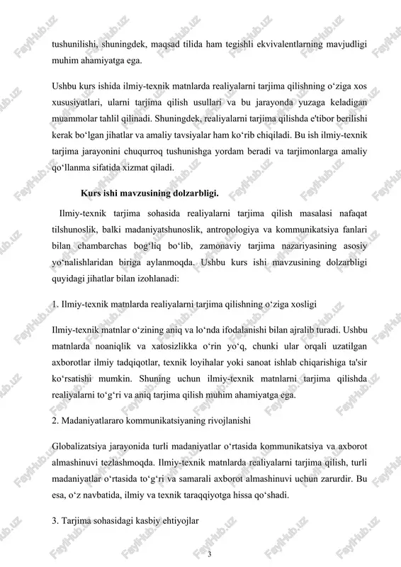 ealiyalarni tarjima qilish, turli madaniyatlar o‘rtasida to‘g‘ri va samarali axborot almashinuvi uchun zarurdir. bu esa, o‘z navbatida, ilmiy va texnik taraqqiyotga hissa qo‘shadi. 3. tarjima sohasidagi kasbiy ehtiyojlar zamonaviy dunyoda tarjimonlar nafaqat tilni, balki madaniyatlarni ham yaxshi bilishi kerak. ilmiy-texnik matnlarda realiyalarni to‘g‘ri tarjima qilish uchun tarjimonlar maxsus bilim va ko‘nikmalarga ega bo‘lishi zarur. bu esa, o‘z navbatida, tarjimonlik kasbining dolzarbligini oshiradi. 4. ilmiy-texnik matnlarda realiyalarni tarjima qilishda yuzaga keladigan muammolar ilmiy-texnik matnlarda realiyalarni tarjima qilishda ba'zi qiyinchiliklar yuzaga kelishi mumkin. masalan, ba'zi texnik atamalar boshqa tillarda mavjud bo‘lmasligi mumkin, yoki ularning ma'nosi madaniy kontekstga bog‘liq bo‘lishi mumkin. shuningdek, ilmiy-texnik matnlarda realiyalarni tarjima qilishda ularning aniq va to‘g‘ri tushunilishi, shuningdek, maqsad tilida ham tegishli ekvivalentlarning mavjudligi muhim ahamiyatga ega. 5. o‘zbekistonning ilmiy-texnik tarjimaga bo‘lgan ehtiyoji o‘zbekistonda ilmiy-texnik matnlarning tarjimasi sohasida hali ham ko‘plab ishlar amalga oshirilmagan. xususan, tibbiyot, biologiya, kimyo kabi sohalarda ilmiy adabiyotlarning tarjimasi zarur. bu esa, o‘z navbatida, …