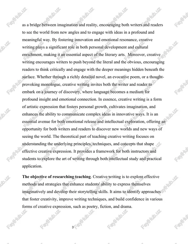 writing is to explore effective methods and strategies that enhance students' ability to express themselves imaginatively and develop their storytelling skills. it aims to identify approaches that foster creativity, improve writing techniques, and build confidence in various forms of creative expression, such as poetry, fiction, and drama. the research tasks. teaching creative writing involve analyzing various instructional techniques, such as workshops, prompts, and peer reviews, to determine their effectiveness in enhancing students’ creative abilities. additionally, it includes assessing the impact of creative writing exercises on students’ critical thinking, emotional expression, and confidence in written communication. the scientific innovation of research. teaching creative writing lies in developing new, evidence-based strategies to enhance students' imaginative thinking and writing skills. this includes integrating modern technology, such as digital storytelling tools and ai-based feedback systems, to make the learning process more interactive and engaging. it also explores interdisciplinary approaches by combining creative writing with …