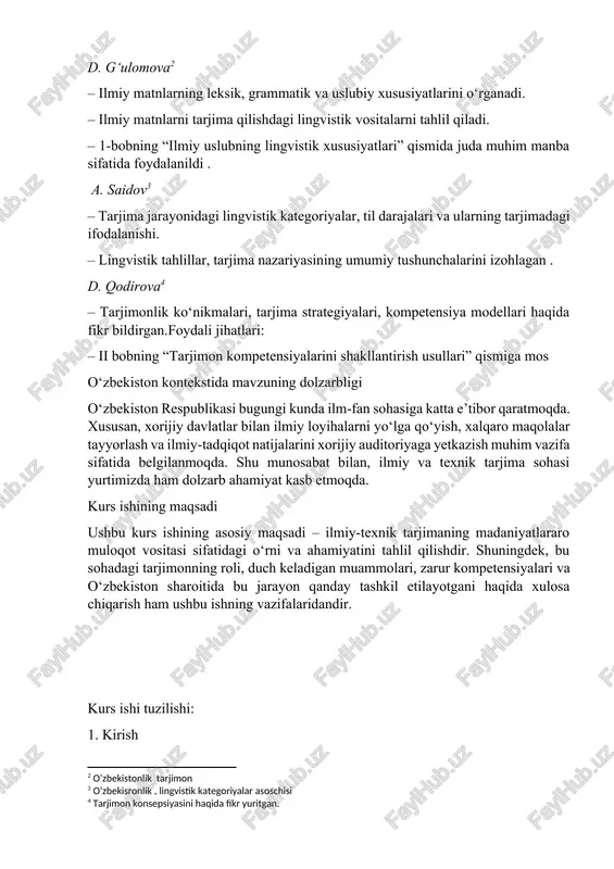 orlash va ilmiy-tadqiqot natijalarini xorijiy auditoriyaga yetkazish muhim vazifa sifatida belgilanmoqda. shu munosabat bilan, ilmiy va texnik tarjima sohasi yurtimizda ham dolzarb ahamiyat kasb etmoqda. kurs ishining maqsadi ushbu kurs ishining asosiy maqsadi – ilmiy-texnik tarjimaning madaniyatlararo muloqot vositasi sifatidagi o‘rni va ahamiyatini tahlil qilishdir. shuningdek, bu sohadagi tarjimonning roli, duch keladigan muammolari, zarur kompetensiyalari va o‘zbekiston sharoitida bu jarayon qanday tashkil etilayotgani haqida xulosa chiqarish ham ushbu ishning vazifalaridandir. kurs ishi tuzilishi: 1. kirish – mavzuning dolzarbligi, tadqiqot maqsadi, vazifalari, obyekti va predmeti ko‘rsatiladi. 2. i bob. ilmiy va texnik tarjimaning nazariy asoslari – ilmiy va texnik tarjimaning mohiyati, asosiy tushunchalari va lingvistik xususiyatlari tahlil qilinadi. 3. ii bob. fransuzcha texnik atamalar va ularning tarjimasi – fransuz tilidagi texnik terminlar shakllanishi va tarjima jarayonida uchraydigan muammolar ko‘rib chiqiladi. 4. iii bob. tarjima orqali madaniyatlararo muloqot – texnik tarjimaning madaniy tafovutlarga ta’siri, xalqaro muloqotdagi roli yoritiladi. 5. xulosa – asosiy …