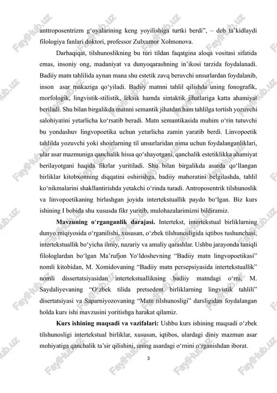 a shu xususda fikr yuritib, mulohazalarimizni bildiramiz. mavzuning o‘rganganlik darajasi. intertekst, intertekstual birliklarning dunyo miqiyosida o‘rganilishi, xususan, o‘zbek tilshunosligida iqtibos tushunchasi, intertekstuallik bo‘yicha ilmiy, nazariy va amaliy qarashlar. ushbu jarayonda taniqli filologlardan bo‘lgan ma’rufjon yo‘ldoshevning “badiiy matn lingvopoetikasi” nomli kitobidan, m. xomidovaning “badiiy matn persepsiyasida intertekstuallik” nomli dissertatsiyasidan intertekstuallikning badiiy matndagi o‘rni, m. saydaliyevaning “o‘zbek tilida pretsedent birliklarning lingvistik tahlili” disertatsiyasi va saparniyozovaning “matn tilshunosligi” darsligidan foydalangan holda kurs ishi mavzusini yoritishga harakat qilamiz. kurs ishining maqsadi va vazifalari: ushbu kurs ishining maqsadi o‘zbek tilshunosligi intertekstual birliklar, xususan, iqtibos, ulardagi diniy mazmun asar mohiyatiga qanchalik ta’sir qilishini, uning asardagi o‘rnini o‘rganishdan iborat. tadqiqot maqsadidan kelib chiqqan holda quyidagi masalalarni hal etish nazarda tutiladi: antroposentrik tilshunoslik va uning badiiy matn tahlilidagi o‘rni lingpoetikaning bugungi kundagi o‘rni interteskstuallikning ko‘plab tadqiqotchilar tomonidan o‘rganilishi diniy iqtiboslarning asardagi o‘rni va uning kitobxon nazarida qanchalik salmoqdorligi. tohir malik ijodida diniy iqtiboslar yoritiladi va kitobxon uchun tushunarli …