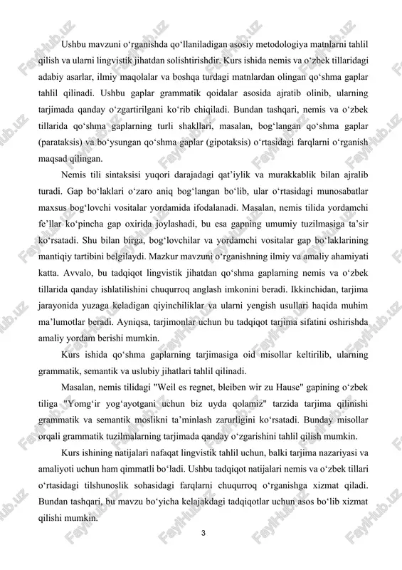 yordam berishi mumkin. kurs ishida qo‘shma gaplarning tarjimasiga oid misollar keltirilib, ularning grammatik, semantik va uslubiy jihatlari tahlil qilinadi. masalan, nemis tilidagi "weil es regnet, bleiben wir zu hause" gapining o‘zbek tiliga "yomg‘ir yog‘ayotgani uchun biz uyda qolamiz" tarzida tarjima qilinishi grammatik va semantik moslikni ta’minlash zarurligini ko‘rsatadi. bunday misollar orqali grammatik tuzilmalarning tarjimada qanday o‘zgarishini tahlil qilish mumkin. kurs ishining natijalari nafaqat lingvistik tahlil uchun, balki tarjima nazariyasi va amaliyoti uchun ham qimmatli bo‘ladi. ushbu tadqiqot natijalari nemis va o‘zbek tillari o‘rtasidagi tilshunoslik sohasidagi farqlarni chuqurroq o‘rganishga xizmat qiladi. bundan tashqari, bu mavzu bo‘yicha kelajakdagi tadqiqotlar uchun asos bo‘lib xizmat qilishi mumkin. kapitel i. zusammengesetzte sätze des deutschen 1.1 satzreihe und satzgefüge des deutschen satzreihe va satzgefüge nemis tilidagi ikki turli gap tuzilmalari[footnoteref:1] bo'lib, ular grammatik jihatdan farq qiladi. [1: 1. ágel, vilmos (2000): dependenz und valenz. in: h. vater (hrsg.), syntax. niemeyer, tübingen.] satzreihe, ya'ni "gaplar ketma-ketligi", bir …