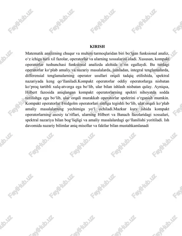 iga qo‘shma operatorlar tushunchasini aniqlab, ularning xossalarini bayon qilish; kompakt operatorlar nazariyasining asosiy tamoyillarini yoritish; gilbert fazosida aniqlangan kompakt o‘z-o‘ziga qo‘shma operatorlarning spektral xususiyatlarini tahlil qilish; kurs ishining tuzilishi: kurs ishi kirish, ikkita bob, to‘rtta reja, xulosa va foydalanilgan adabiyotlar ro‘yxatidan iborat. har bir bo‘limda ilmiy izlanish metodlari va texnik ijodkorlik metodlari alohida tahlil qilinib, ularning nazariy va amaliy jihatlari ochib beriladi. i bob. gilbert fazosi va o‘z-o‘ziga qo‘shma operatorlar 1.1. gilbert fazosi tushunchasi va xossalari hozir biz bu ma'lumotlarni hilbert fazosidagi kompakt operatorlargataalluqli bo`lgan ayrim faktlar bilan to`ldiramiz. bizga h hilbert fazosi, uning x nuqtasi hamda {xn } ⊂ h ketma-ketligi berilgan bo`lsin. 36.1-ta'rif. agar ixtiyoriy y ∈ h uchun lim (xn , y) = (x, y) bo`lsa,n→ ∞ {xn } ketma-ketlik x ga kuchsiz yoki kuchsiz ma'noda yaqinlashuvchideyiladi va xn shaklda belgilanadi. 36.2-ta'rif. agar lim ⅱxn − xⅱ = 0 bo`lsa, {xn } ketma-ketlik x ga kuch-n→ ∞ …