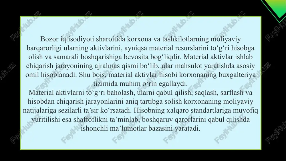 dig‘i ko‘rsatiladi. materiallarning joylashuvi va miqdorini nazorat qilish uchun inventarizatsiya muntazam o‘tkaziladi. omborchi va buxgalteriya o‘rtasida har oyning oxirida ma’lumotlar solishtiriladi. omborlarda kodlash tizimidan foydalanish nazoratni soddalashtiradi. elektron dasturlar orqali material harakati real vaqt rejimida kuzatiladi. nazoratning samaradorligi buxgalteriya hisobining aniqligini oshiradi. shu yo‘l bilan material yo‘qotishlarining oldi olinadi va tartib mustahkamlanadi. materiallar qiymatini hisobga olishda qo‘llaniladigan schyotlar tizimi materiallarning qiymatini hisobga olishda buxgalteriya schyotlari muhim ahamiyatga ega. asosiy hisob 1000-guruh schyotlarida yuritiladi, masalan, “xom ashyo va materiallar”, “yoqilg‘i”, “ehtiyot qismlar” schyotlari. har bir material turi alohida hisobga olinadi, bu tahlilni osonlashtiradi. schyotlar tizimi korxonaning hisob siyosatiga muvofiq tanlanadi. materiallarni baholash uchun fifo, lifo yoki o‘rtacha og‘irlangan baho usuli qo‘llanishi mumkin. har bir schyot bo‘yicha kirim va chiqim alohida registrlarda qayd etiladi. buxgalteriya yozuvlarida harakat natijasida balansda aks etuvchi qiymat shakllanadi. materiallar hisobining sintetik va analitik turlari materiallar hisobida sintetik va analitik turlar o‘zaro bog‘liq holda olib boriladi. sintetik hisob …