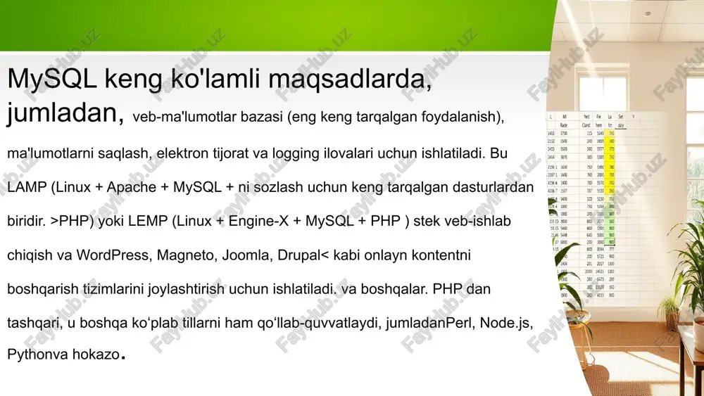 at va double), char va varchar, binar va varbinar, blob va matn, sana, datetime va vaqt tamg'asi, yil, to'plam, enum va opengis fazoviy kabi ko'plab ma'lumotlar turlarini qo'llab-quvvatlaydi. turlari. mysql shuningdek, master-slave replikatsiyasi, ko'p tugunli klasterlash, zaxiralash va tiklash/tiklash orqali ma'lumotlarning ortiqcha bo'lishini va yuqori mavjudlikni (ha) qo'llab-quvvatlaydi. u keng ko'lamli zaxira turlari va strategiyalarini taklif qiladi, ulardan siz joylashtirishingiz uchun eng mos keladigan usullarni tanlashingiz mumkin. uning xavfsizlik xususiyatlariga foydalanuvchi hisobini boshqarish va kirishni boshqarish, xostga asoslangan tekshirish, shifrlangan ulanishlar, xavfsizlikni ta'minlaydigan bir nechta komponentlar va plaginlar (masalan, autentifikatsiya plaginlari, ulanishni boshqarish plaginlari, parolni tekshirish komponenti va boshqalar) hamda fips kiradi. (federal ma'lumotni qayta ishlash standartlari 140-2 (fips 140-2)) server tomonidan amalga oshiriladigan kriptografik operatsiyalarga taalluqli server tomonidagi rejim. mysql mijozi va vositalari mysql bir nechta mijoz dasturlari bilan birga keladi, masalan, mashhur buyruq qatori yordam dasturlari: mysql, mysqladmin va mysqldump, ma'lumotlar bazalarini boshqarish uchun. mysql serveriga ulanish uchun …