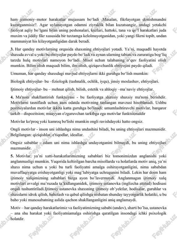 iradigan mavxum fikrlashimizgacha bulgan murakkab harakatlarga aloqador ishlarimizni tushuntirib beradi. shuning uchun ham psixologiyada shaxs, uning ongi va uz-uzini anglashi muammolari uning faolligi, u yoki bu faoliyat turlarida ishtiroki va uni uddalashiga aloqador sifatlari orkali bayon etiladi. 2. fanda inson faolligining asosan ikki turi farqlanadi: a. tashqi faollik - bu tashkaridan uz ichki istak-xoxishlarimiz ta’sirida bevosita ko’rish, qayd qilish mumkin bulgan harakatlarimiz, mushaklarimizning harakatlari orqali namoyon bo‘ladigan faollik. b. ichki faollik – bu bir tomondan u yoki bu faoliyatni bajarish mobaynidagi fiziologik jarayonlar (moddalar almashinuvi, qon aylanish, nafas olish, bosim uzgarishlari) hamda, ikkinchi tomondan, bevosita psixik jarayonlar, ya’ni aslida ko’rinmaydigan, lekin faoliyat kechishiga ta’sir ko’rsatuvchi omillarni uz ichiga oladi. har qanday sharoitda ham barcha harakatlar ham ichki-psixologik, ham tashki muvofiklik nuktai nazaridan ongi tomonidan boshqarilib boradi. har qanday faoliyat tarkibida ham aqliy, ham jismoniy–motor harakatlar mujassam bo‘ladi .masalan, fikrlayotgan donishmandni kuzatganmisiz?. agar uylanayotgan odamni ziyraklik bilan kuzatsangiz, undagi yetakchi faoliyat …