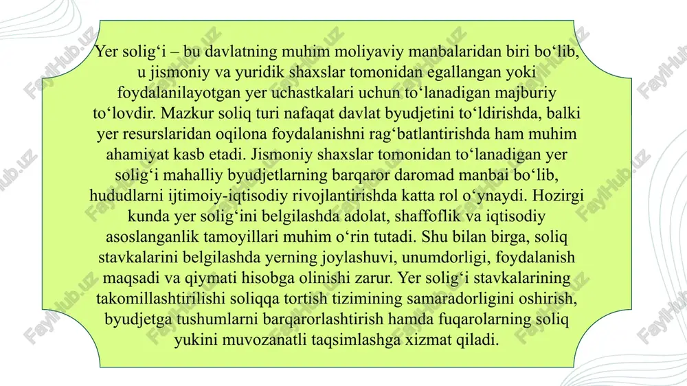 tirish uchun ishlatiladi. yer solig‘i mahalliy hokimliklarga mustaqil moliyaviy siyosat yuritish imkonini beradi. shu sababli u hududiy iqtisodiy barqarorlikni mustahkamlaydi. mahalliy darajada yer solig‘i orqali yer resurslaridan samarali foydalanish nazorat qilinadi. bu esa ekologik muvozanatni saqlashga ham xizmat qiladi. yer solig‘ining bazasi yer maydonining o‘lchami va uning kadastr qiymatiga asoslanadi. soliq bazasi aniqlanganda yerning joylashuvi, unumdorligi va foydalanish maqsadi hisobga olinadi. har bir hududda yerning iqtisodiy qiymati turlicha bo‘lgani sababli stavkalar differensial tarzda belgilanadi. mahalliy hokimiyat organlari soliq stavkalarini belgilashda o‘zbekiston respublikasi soliq kodeksi talablariga tayanadi. soliq stavkalarining miqdori davlat tomonidan tasdiqlanadigan me’yoriy hujjatlar orqali e’lon qilinadi. bu jarayon soliq tizimining shaffofligini va adolatli bo‘lishini ta’minlaydi. yer solig‘i stavkalari iqtisodiy sharoitlar, inflyatsiya darajasi hamda hududiy rivojlanish ehtiyojlariga qarab qayta ko‘rib chiqiladi. bazani to‘g‘ri aniqlash soliqlarning to‘g‘ri hisoblanishiga zamin yaratadi. shu tariqa, bazani aniqlash va stavkalarni belgilash mexanizmi soliq tizimining muhim bo‘g‘inidir. u byudjet daromadlarini barqarorlashtirishga xizmat qiladi. kadastr qiymati yerning …
