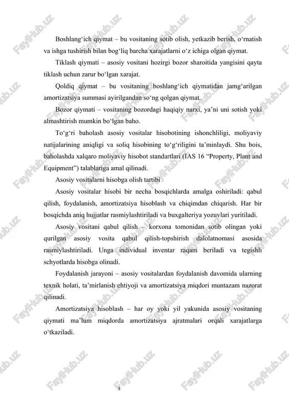 ing to‘g‘riligini ta’minlaydi. shu bois, baholashda xalqaro moliyaviy hisobot standartlari (ias 16 “property, plant and equipment”) talablariga amal qilinadi. asosiy vositalarni hisobga olish tartibi asosiy vositalar hisobi bir necha bosqichlarda amalga oshiriladi: qabul qilish, foydalanish, amortizatsiya hisoblash va chiqimdan chiqarish. har bir bosqichda aniq hujjatlar rasmiylashtiriladi va buxgalteriya yozuvlari yuritiladi. asosiy vositani qabul qilish – korxona tomonidan sotib olingan yoki qurilgan asosiy vosita qabul qilish-topshirish dalolatnomasi asosida rasmiylashtiriladi. unga individual inventar raqam beriladi va tegishli schyotlarda hisobga olinadi. foydalanish jarayoni – asosiy vositalardan foydalanish davomida ularning texnik holati, ta’mirlanish ehtiyoji va amortizatsiya miqdori muntazam nazorat qilinadi. amortizatsiya hisoblash – har oy yoki yil yakunida asosiy vositaning qiymati ma’lum miqdorda amortizatsiya ajratmalari orqali xarajatlarga o‘tkaziladi. chiqimdan chiqarish – asosiy vosita eskirganda, foydalanishdan chiqqanda yoki sotilganda tegishli buxgalteriya yozuvi bilan balansdan chiqariladi. bu jarayonlarning barchasi buxgalteriya hisobining aniq hujjatlariga asoslanadi va moliyaviy hisobotda aks ettiriladi. amortizatsiya va eskirish jarayoni asosiy vositalarning eng …