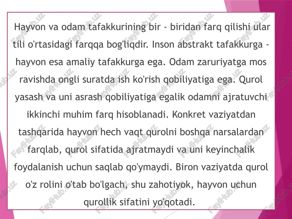 a o‘sha ichki plan (sistema) shakllanadi. ong bu, bevosita subyektga ochiladigan olam manzarasidir, unda subyektning o‘zi ham, shuningdek, uning faoliyati va holati ham kiradi deb hisoblaydi leontev. dastlab ong faqatgina subyektga atrofidagi olamni ochib beradigan psixologik ong va psixik rivojlanish sifatida qaraladi; keyingi bosqichlarda faoliyat ongning predmetiga aylanadi, bu bosqichda boshqa insonlaming harakatlarini, ulardan kelib chiqib esa subyekt o‘zining shaxsiy harakatlarini anglay boshlaydi. natijada aql-idrokimizdagi, «rejalashtirilgan ong»dagi ichki harakatlar vujudga keladi. ongning dastlabki xususiyatlari - bu idrok qilish va insonning bolalik vaqtidagi o‘zining shaxsiy harakatlari natijasida paydo bo‘lgan kechinmalaridir. asta-sekin nafaqat harakat ta’siri, shuningdek, bolaning faoliyat jarayoni ham anglab yetiladi. ongning o‘ziga xos rivojlanishida inson alohida harakatlami bajarishidan, bir maqsadga qaratilgan, rejalashtirilgan faoliyatga o‘tadi. shu holda, sergaklikning butun holati yaxlit “ong oqimi” yuzaga ke­ladi, bu bir faoliyatdan boshqa bir faoliyatga o‘tishini anglatadi. foydalanilgan adabiyotlar a.k.shamshetova, r.n.melibayeva, x.e.usmanova, i.o.xaydarov. umumiy psixologiya. 0o‘quv qo‘llanma. t.: «barkamol fayz media», 2018 - 272 b. …