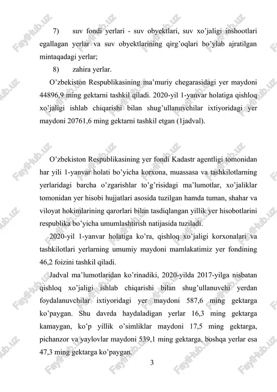 iga o’tishi natijasida yuzaga kelgan. bu mamlakatimizda mavjud sug’oriladigan maydonlardan samarali foydalanish lozimligini anglatadi. 2020-yil holatiga jami qishloq xo’jaligi yerlari tarkibida sug’oriladigan yerlarning ulushi ko’rsatkichi bo’yicha farg’ona (95,1 foiz), sirdaryo (93,4 foiz), andijon (92,6 foiz), xorazm (84,2 foiz) va namangan (83,2 foiz) viloyatlari yuqori ko’rsatkichga ega bo’lsa, buxoro (8,8 foiz) va navoiy (2,7 foiz) viloyatlari eng past ko’rsatkichga ega. surxondaryo viloyatida esa ushbu ko’rsatkich 27,0 foizni tashkil etgan. buxoro va navoiy viloyatlaridagi qishloq xo’jalik yerlari tarkibida yaylovlar asosiy salmoqni egallaydi. mamlakatimizda sug’oriladigan yerlar to’g’risidagi ma’lumotlar 3-jadvalda keltirilgan. 3-jadval sug’oriladigan yerlar, barcha toifadagi xo’jaliklarda, ming gektar 2016 2017 2018 2019 sug’oriladigan yerlar, jami 4205,8 4198,9 4191,2 4210,1 sug’oriladigan qishloq xo’jaligi yerlari 3708,8 3702,4 3694,6 3694,8 sh.j.: qishloq xo’jaligi ekinlari ekin maydoni 3381,1 3143,4 3095,5 2984,7 shundan: donli ekinlar 1440,3 1397,5 1400,2 1331,1 texnik ekinlar 1293,3 1225,6 1137,1 1078,0 kartoshka va sabzavotlar 346,2 318,5 353,5 358,5 ozuqa ekinlari 301,3 201,8 204,7 217,1 …