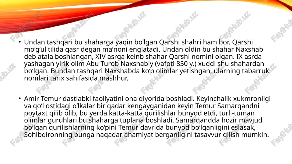 abshohning «ajoyib al-makdur fi tarixi temur» («temur tarixida taqdir ajoyibotlari») degan asari o‘zbekcha tarjimasiga murojaat qilishlari mumkin. bu asarni arabchadan ubaydulloh uvatov tarjima etib, unga kirish so‘z va izohlar yozgan. toshkent, «mehnat», 1992, i jild – 328 s., ii – 192 s. masʼul muharrir a.o‘rinboyev, taqrizchilar n.ibrohimov va a.hasanovlar. maʼlumki, amir temur davrida ko‘p atoqli olimlar samarqand diyorida yig‘ilganlar yo bo‘lmasa ibn xaldun (1332-1406) ga o‘xshagan olimlar samarqandga kelmay, o‘z istagiga ko‘ra ish tutganligini ko‘ramiz. shu narsa maʼlumki, ibn xaldun keyinchalik qohirada yashagan, u yerda qozilik qilgan. valiuddin abu zayd abdurahmon ibn muhammad ibn xaldun 27 may 1332 yili tunisda tug‘iladi, boshlang‘ich taʼlimni otasidan oladi. uning «kitob al-ibar» («ibratli so‘zlar kitobi») asari bo‘lgan. bu asar 1374 yilda yozila boshlanib, 1378 yilda tugatilgan. ibn arabshoh o‘z asarida ibn xaldun haqida zikr qilarkan uning amir temur haqida aytgan latif so‘zlarini keltiradi. ibn xaldun amir temurga qarata aytadi: tangriga maqtovlar bo‘lsinkim, mening kiymatimni …