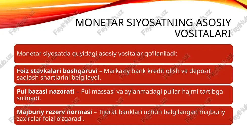 a makroiqtisodiy muvozanatni saqlashda muhim vositadir. uning asosiy maqsadi inflyatsiyani nazorat qilish, iqtisodiy o‘sishni rag‘batlantirish va moliyaviy tizim barqarorligini ta’minlashdan iborat. pul-kredit siyosati qoidalari turli mamlakatlarda iqtisodiy sharoit va maqsadlarga qarab farqlanadi.qattiq va yumshoq monetar siyosat qoidalarining har biri o‘ziga xos afzallik va kamchiliklarga ega. qattiq qoidalar inflyatsiyani samarali nazorat qilishga yordam bersa, yumshoq yondashuv iqtisodiy o‘zgarishlarga tez moslashish imkonini beradi. zamonaviy yondashuvlar orasida inflyatsiyani nishonga olish va markaziy bankning mustaqilligi alohida o‘rin tutadi. foydalanilgan adabiyotlar mishkin, f. s. – the economics of money, banking, and financial markets (11th edition). pearson, 2018. ushbu kitob pul-kredit siyosati va markaziy bank faoliyati haqida fundamental bilimlar beradi. friedman, m. – a monetary history of the united states, 1867–1960. princeton university press, 1963. monetarizm asoschisi milton fridmanning ushbu asari pul massasining iqtisodiyotga ta’sirini tahlil qiladi. blanchard, o. – macroeconomics (7th edition). pearson, 2017. makroiqtisodiyot va monetar siyosat asoslari bo‘yicha keng qamrovli qo‘llanma. o‘zbekiston respublikasi …