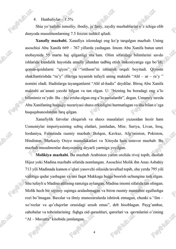 r tomonidan sahih deb e’tirof etiladi. qur’on va hadis bir manba – “nass”ni tashkil etadi. bunga qo’shimcha ravishda madina jamoasining umumiy tajribasi qo’shiladi. bular haqida yozma manbalar qolmagan, lekin ular payg’ambar davridan me’ros va odat tarzida xotirada saqlanib keladi. bunday jamoa xotirasiga jamoa hadisi sifatida qaralgan. shulardan keyingina madinalik bo’lmagan sahobalar tajribasi hamda tobeinlar tajribasiga murojat etilgan. hech qayerda mazkur masalaga yechim topilmasa, “almasolih al-mursala”, ya’ni manfaat yo’lidagi mustaqil fikrga murojat etish mumkin bo’lgan. ammo bu fikr jamoa manfaatiga qaratilgan, nass aqidalariga zid bo’lmasligi va shariat ahkomlariga mos kelishi lozim hisoblangan. shofiiy mazhabi. bu mazhab jug’rofiy mintaqa mahsuli bo’lmasdan, ikki o’zga mazhab bilan yaqindan tanishish natijasida payg’ambar ajdodi – hoshimning akasi mutallib avlodidan bo’lgan muhammad ibn idris ibn abbos ibn usmon ibn shofiiy uning asoschisi bo’ldi. shofiy 767 yil falastin (g’azna)da tug’ilib, 820 yili misrda vafot etadi. shayboniy rahbarligida iroq fiqhini o’rgandi. shofiy nazariyasini ifoda etgan “risola” bog’dodda yozilib, 814 …