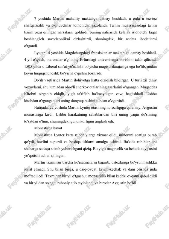 qani chiqarganida, ilohiyotshunos g'azabdan g'azablandi. u o'zining taniqli 95 indulgentsiya savdosiga qarshi tezislarida aks etganidek, ruhni qutqarishda cherkovning rolini juda tanqidiy tanqid qildi. tezislarning paydo bo'lishi haqidagi xabar butun mamlakatga tarqaldi. natijada, papa martinni so'roqqa chaqirdi - leypsigdagi mojaro. bu erda lyuter ruhoniylarning jamoat ishlariga aralashishga haqqi yo'qligini yana bir bor ta'kidladi. bundan tashqari, cherkov inson va xudo o'rtasida vositachi bo'lmasligi kerak. "inson o'z qalbini cherkov orqali emas, balki imon orqali qutqaradi", deb yozgan ilohiyotshunos. shu bilan birga, u katolik ruhoniylarining xatosizligiga shubha bildirdi, bu esa papaning g'azabini uyg'otdi. natijada, lyuter anatema edi. 1520 yilda martin jamoatdan chetlatilgan papa buqasini yoqib yubordi. shundan so'ng, u barcha vatandoshlarni papa hukmronligiga qarshi kurashishga chaqiradi. lyuter eng taniqli bid'atchilardan biri sifatida qattiq ta'qiblarga uchradi. biroq, uning tarafdorlari uni o'g'irlashni soxtalashtirish orqali qochishga yordam berishdi. aslida, odam yashirincha vartburg qal'asiga joylashtirildi, u erda u muqaddas kitobni nemis tiliga tarjima qila boshladi. 1529 yilda martin …