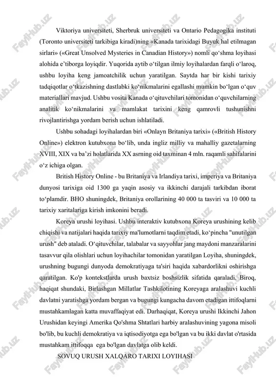 ergan va bugungi kungacha davom etadigan ittifoqlarni mustahkamlagan katta muvaffaqiyat edi. darhaqiqat, koreya urushi ikkinchi jahon urushidan keyingi amerika qo'shma shtatlari harbiy aralashuvining yagona misoli bo'lib, bu kuchli demokratiya va iqtisodiyotga ega bo'lgan va bu ikki davlat o'rtasida mustahkam ittifoqqa ega bo'lgan davlatga olib keldi. sovuq urush xalqaro tarixi loyihasi sovuq urushning xalqaro tarixi loyihasi sovuq urushning barcha tomonlaridagi hukumatlar tomonidan tarixiy materiallarni to'liq va tezkor ravishda e'lon qilishni qo'llab-quvvatlaydi. mukofotga sazovor bo'lgan raqamli arxiv orqali loyiha olimlar, jurnalistlar, talabalar va qiziqqan jamoatchilikka sovuq urush va uning ko'plab zamonaviy meroslarini qayta baholash imkonini beradi. u uilson markazining tarix va davlat siyosati dasturining bir qismidir.tarix va davlat siyosati dasturi unda maxfiylikdan chiqarilgan tarixiy materiallar,fotosuratlar, diplomatik hujjatlar, yuqori darajadagi yozishmalar va uchrashuv bayonnomalari mavjud. tarixiy ma'lumotlar insholar, xronologik jadvallar, xaritalar va video formatlarda taqdim etiladi. arxiv hujjatlaridan foydalanish bilan bir qatorda og‘zaki tarix materiallarini ham ko‘plab topish mumkin. tarixiy bilimlarni rivojlantirishning zamonaviy …