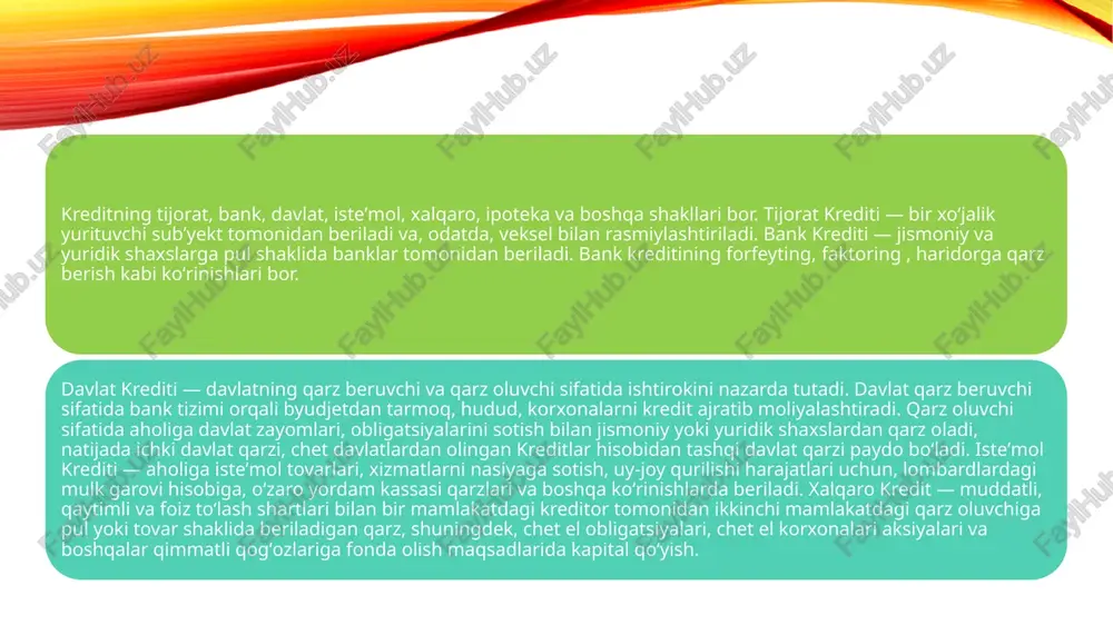 um bilan ish haqini to'lash vaqtlari orasida vaqtincha bo'sh turib qolgan pul mablag'lari; •kengaytirilgan takror ishlab chiqarish jarayonida yig'iladigan va kapitallashtirish uchun mo'ljallangan qo'shimcha mablag'lar; kreditning turlari kreditning turi deganda uning ma'lum belgilariga ko'ra o'ta aniqlikda shakllantirilgan tavsifi tushuniladi. kreditlarning muddati bo'yicha turlarga ajratish dunyo mamlakatlarida bir-biridan farq qiladi. masalan, aqshda muddati 1 yildan 8 yilgacha bo'lgan kreditlar o'rta muddatli kreditlar hisoblanadi. germaniyada esa, 1 yildan 6 yilgacha muddatdagi kreditlar o'rta muddatli kreditlar hisoblanadi. o'zbekistonda esa, umuman o'rta muddatli kreditlar toifasi mavjud emas. demak, respublikamizda 1 yilgacha muddatga berilgan kreditlar qisqa muddatli, 1 yildan ortiq har qanday muddatga berilgan kreditlar uzoq muddatli kreditlar hisoblanadi. kreditlar muddatiga ko'ra uch turga bo'linadi: - qisqa muddatli kreditlar; - o'rta muddatli kreditlar; - uzoq muddatli kreditlar. kreditlar ta'minlanganligiga ko'ra quyidagi turlarga bo'linadi: - ta'minlanmagan kreditlar; - qisman ta'minlangan kreditlar; - to'liq ta'minlangan kreditlar. ta'minlanmagan kreditlar deganda hech qanday ta'minotsiz berilgan ishonchli kreditlar tushuniladi. bunday …