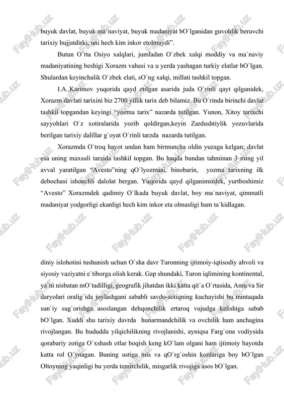 ilikning rivojlanishi, ayniqsa farg`ona vodiysida qorabariy zotiga o`xshash otlar boqish keng ko`lam olgani ham ijtimoiy hayotda katta rol o`ynagan. buning ustiga mis va qo`rg`oshin konlariga boy bo`lgan oltoyning yaqinligi bu yerda temirchilik, misgarlik rivojiga asos bo`lgan. zardusht yashagan davrda o`troqlik hayoti afzalligi yaqqol namoyon bo`lgan. ammo unga qabilalar o`rtasidagi qirg`inbarot urushlar raxna solayotgan edi. urushlar ko`pincha har bir qabila va elatning o`z xudolariga ko`plab qurbonliklar qilish odatlari zaminida ham yuzaga kelardi. o`z davrining kohinlari, sehrgarlari va mo`tabar qariyalari bilan keng munozaralar olib borgan zardusht yuqoridagi odatlarni bartaraf etish va halqlarga tinch mehnat bilan shug`ullanish imkonini yaratish uchun ko`pxudolik e`tiqodlariga va otashparast-likka barham berib, yakkaxudolikka sig`inishni targ`ib etish deb bilgan va shu vazifani bajargan. shunday qilib, zardushtiylik eradan avvalgi vii-vi asrlarga xos bo`lgan din sifatida undan oldingi urug`-qabilachilik dinlari negizida paydo bo`lgan yakka xudolik dini bo`lgan. u eramizning to vii-ix asrlargacha turli shaklda davom etib, so`ngra uning o`rni islom egallagan. u …