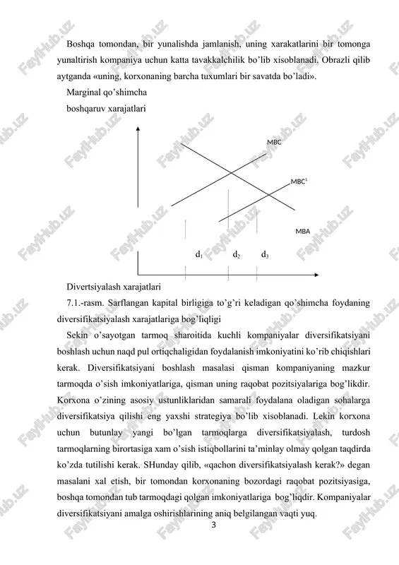 nga va orqaga vertikal integratsiyani ham o’z ichiga olishi mumkin. yana bir imkoniyat kompaniya faoliyatini diversifikatsiyalashdir. kompaniyaning o’sishi va rivojlanishi odatda uchta asosiy bosqichdan iborat: - milliy bozorda yakka biznesga ixtisoslashish; - vertikal integratsiya, yoki asosiy biznesdagi eng kuchli pozitsiya tomon global ekspansiya; - erkin resurslarni biznesning boshqa turiga investitsiyalash yuli bilan diversifikatsiyalash. bularning barchasi kompaniyaning o’sishiga olib keladi, ammo «diversifikatsiyalash darajasi» oshgan sari kamayuvchi qaytim «qonuni»ni nazarda tutish kerak. ma’lum bir nuqtadan so’ng ekstensiv diversifikatsiyalash, vertikal integratsiya va biznesning baynalminallashuvi sarflangan kapital birligiga to’gri keladigan daromadlarning kamayishiga olib keladi, chunki kompaniya birinchi navbatda eng daromadli qulay imkoniyatlarni amalga oshiradi, so’ngra eng kam daromad keltiruvchi imkoniyatlar qoladi, bu esa korxonaning o’sish imkoniyatlarini cheklab qo’yadi. buni 8-rasmda ko’rishimiz mumkin. diversifikatsiyalashni qo’llash diversifikatsiyalashning tub maqsadi aktsionerlar uchun qadriyatlar yaratish xisoblanadi. yagona korporativ tizimga birlashgan korxonalar guruxi ularning xar biri beradigan samaradan ko’proq samara bermas ekan, diversifikatsiyalash aktsiyalarning daromadliligini oshirmaydi. agarda «a» kompaniya …