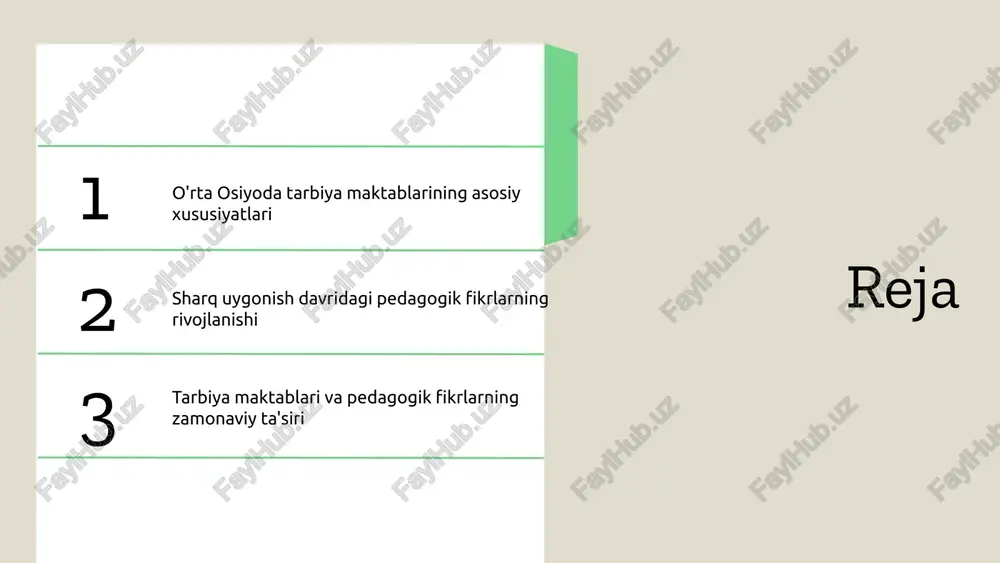 ojlanish va ta'sir o'rta osiyoda tarbiya maktablarining tarixi xviii asrga borib taqaladi. bu maktablar mahalliy madaniyat va din asosida shakllangan, rivojlangan. ularning tarixi qadimiy davrlardan boshlab zamonaviy ta'lim tizimiga qadar davom etadi. sharq uygonish davrida pedagogik fikrlar insonparvarlik, madaniyatni saqlash va innovatsiyalarni rivojlantirishga qaratilgan. bu davrda yangi pedagogik yondashuvlar va ta'lim metodlari paydo bo'ldi, ular ta'lim sifatini oshirdi. zamonaviy pedagogik fikrlar texnologiyalar, individual yondashuvlar va interaktivlikka asoslangan. bu fikrlar maktablarga yangi metodlar va ta'lim muhitini yaratishda yordam beradi, ta'lim sifatini oshirishga intiladi. xulosa foydalanilgan adabiyotlar 1. ahmadov, a. (2020). o'rta osiyoda ta'lim tarixi va rivojlanishi. toshkent: educator publishing. 2. nurbekov, s. (2018). sharq uygonish davridagi pedagogik fikrlar va ta'lim tizimi. samarqand: ilmiy nashrlar. 3. qodirov, m. (2019). zamonaviy pedagogik nazariyalar va tarbiya maktablari. toshkent: o'qituvchi publishing. 4. tursunov, d. (2021). o'rta osiyoda tarbiya maktablarining rivojlanishi va ta'siri. xalqaro pedagogika jurnal, 5(2), 45-60. 5. yusupov, i. (2017). sharq uygonish davrida pedagogik …