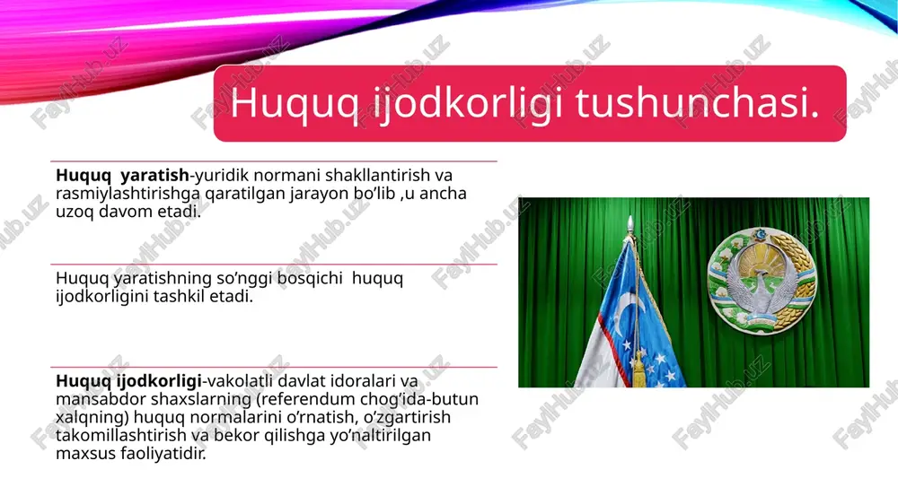 lishlaridan biri. qonun va qonun chiqarish faoliyati bilan bog‘lik ishlar jamiyat taraqqiyotining barcha bosqichlarida muhim o‘rin tutgan. qonun ijodkorligi jarayoni tushunchasi.qonun. qonunlarning eng asosiy ijtimoiy vazifasi – jamiyatda tartib, intizom va barqarorlikni ta‘minlashdan iborat. qonunchilik siyosati – davlat siyosatining bir bo‘lagi bo‘lib, unda ijtimoiy munosabatlarni huquqiy tartibga solishning asosiy yo‘nalishlari, prinsiplari, maqsadlari o‘z ifodasini topadi. huquq ijodkorligi faoliyati natijalariga qarab, ya‘ni qonunlar va boshqa normativ aktlarga qarab, davlat to‘g‘risida, uning demokratligiga, madaniyati va sivilizasiyasi darajasiga baho beriladi. qonun ijodkorligi jarayoni tushunchasi.qonun. qonun-bu normativ akt bo’lib, qonunchilik hokimiyati organi (yoki referendum yo’li bilan) tomonidan belgilangan tartibda qabul qilinadigan, xalqning irodasini ifodalaydigan, oliy yuridik kuchga ega bo’lgan va birmuncha muhim bo’lgan ijtimoiy munosabatlarni tartibga soluvchi hujjat. qonun ijodkorligi jarayonining asosiy bosqichlari. normativ-huquqiy hujjatlarning vaqt, hudud va shaxslarga nisbatan amal qilishi. qonunning yaratilishiga bo‘lgan ehtiyojni o‘rganish – qonunchilik jarayonining boshlang‘ich nuqtasidir. ikki palatali parlament sharoitida qonun ijodkorligi jarayoni quyidagi besh bosqichdan iborat bo‘ladi: …