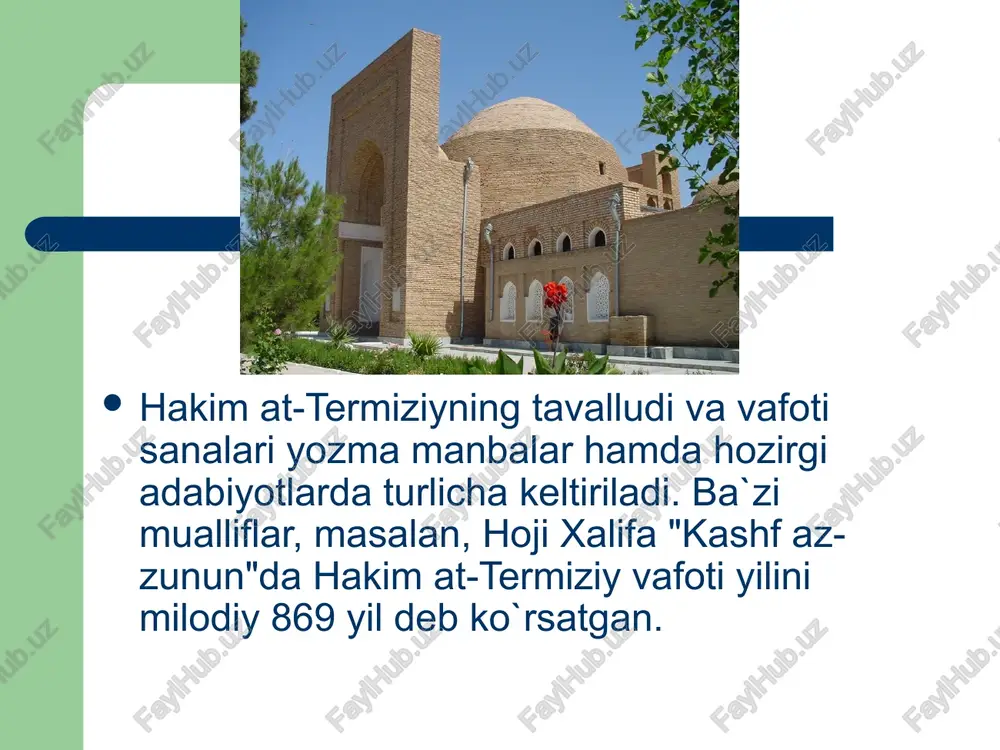 karimni chuqur o`rganish bilan mashg`ul bo`lgan. u kalomullohni, uning mohiyatini chuqur o`rganish, ro`za tutish, ibodat qilish, taqvo va hokazolar bilan shug`ullangan. al-antokiyning "qalb muolajasi" falsafiy-tasavvufiy asari unga ayniqsa qattiq ta`sir ko`rsatgan. hakim at-termiziyning shogirdlari ham ko`p bo`lgan. bular: abu muhammad yahyo ibn mansur al-qoziy (vafoti 960 yil), abu ali mansur ibn abdulloh ibn xolid az-zuhliy al-hiraviy, abu ali al-hasan ibn ali al-jurjoniy, ahmad ibn muhammad ibn iso, abu bakr muhammad ibn umar al-hakim al-varroq, muhammad ibn ja`far ibn muhammad ibn al-xaysam ibn umron ibn burayda va boshqalardir. hakim at-termiziyning ilmiy-ijodiy faoliyati uning boshqa mamlakatlar va shaharlarga sayohati bilan chambarchas bog`liq. u balxda, nishopurda bo`lgan, fan va madaniyat yuksak rivojlangan bag`dodga borgan. bu shaharlarda u mashxur olimlar bilan uchrashgan, ilmiy munozaralarda qatnashgan. shunday bo`lsa-da, hakim at-termiziyning ilmiy-ijodiy hayotida uning ona shahri — termiz juda muhim rol o`ynagan, o`zining asosiy asarlarini alloma shu yerda yaratgan. uning mav`izayu xutbalari, shuningdek ayrim asarlari va, …