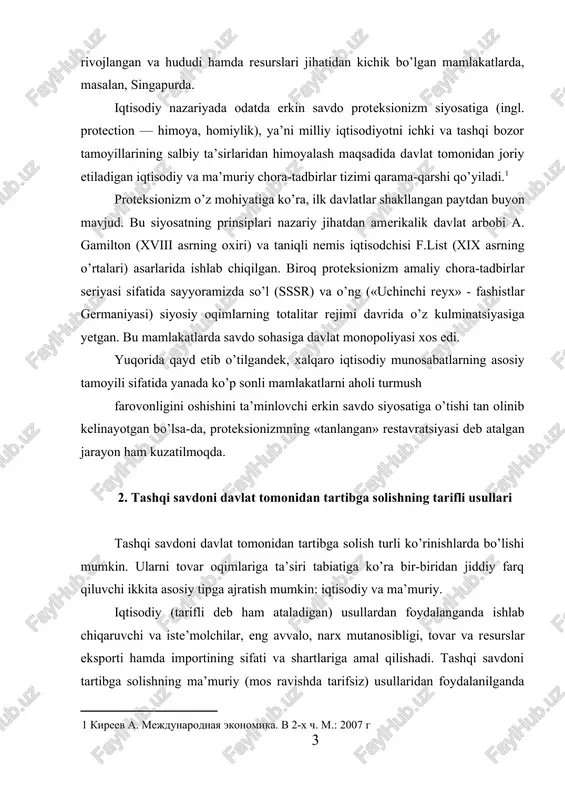 ar va resurslar eksporti hamda importining sifati va shartlariga amal qilishadi. tashqi savdoni tartibga solishning ma’muriy (mos ravishda tarifsiz) usullaridan foydalanilganda bozor mexanizmiga davlat organlari tomonidan ta’sir o’tkaziladi, ularning qarorlari va hatti-harakatlari ko’p jihatdan ishlab chiqaruvchilar va iste’molchilarning xohishlarini belgilab beradi. tarifli usullar tovar bevosita ta’sir qiladi. bu usullar davlatlar tashqi savdo amaliyotida eng keng tarqal narxiga gan, chunki ular birdaniga uchta vazifani hal qilish imkonini beradi: 1) fiskal — budjet uchun qo’shimcha mablag’larni olish; 2) rag’batlantiruvchi — xorijiy hamkorlar bilan aloqalarni rivojlantirish; 3) proteksionistik — milliy tovar ishlab chiqaruvchilar uchun qulay shart-sharoitlarni yaratish. tashqi savdoni tarifli tartibga solish usullari qatoriga bojxona bojlari, bojlar, yig’imlar, shuningdek, boshqa bilvosita soliqlar, mas. aksizlar kiradi. tarifsiz usullar - tovar ayirboshlashga ta’sir qilish dastaklarini, ya’ni olib kiriladigan yoki olib chiqiladigan mahsulot hajmi va nomenklaturasini cheklashni bildiradi. ular ko’proq rivojlanayotgan va hukumat tomonidan proteksionistik iqtisodiy siyosatni talab qiluvchi, bozor tuzilmalari shakllanayotgan o’tish davri iqtisodiyotli mamlakatlarga …