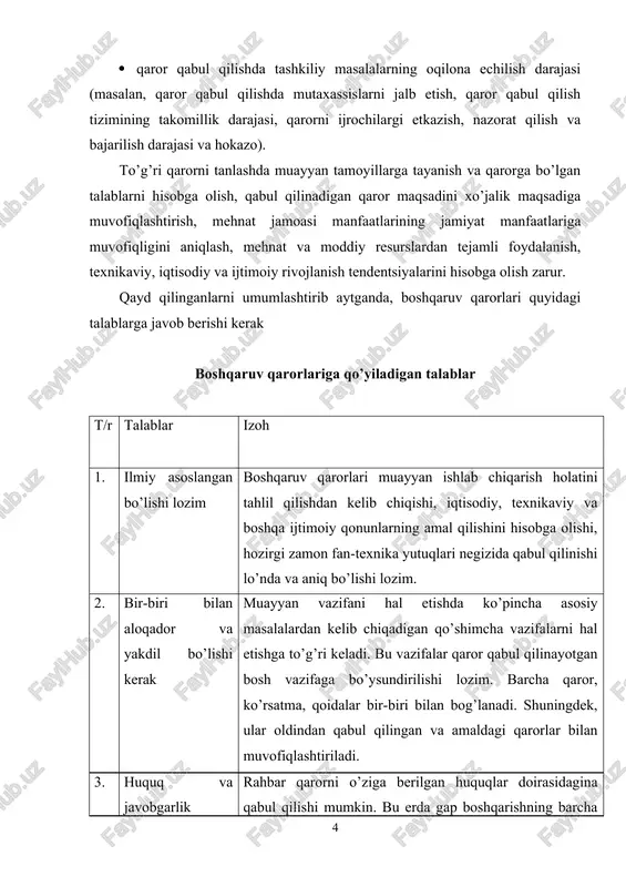 m rahbar qarorni o’ziga berilgan huquqlar doirasidagina qabul qilishi mumkin. bu erda gap boshqarishning barcha bo’g’inlarida huquq va javobgarlik ko’lami nisbati to’g’risida boryapti. huquqlar katta, mas'uliyati esa kam bo’lsa, ma'muriy o’zboshimchalikka, o’ylamasdan qaror qabul qilishga yo’l ochiladi. huquqlar ozu, mas'uliyat katta bo’lsa, bu ham hech qanday naf keltirmaydi. 4. aniq va to’g’ri yo’nalishga ega bo’lishi kerak har qanday qaror va aniq bajaruvchiga tushunarli bo’lishi lozim. qarordan bir necha ma'no kelib chiqishiga va uni turlicha talqin qilish yoki tushunishga yo’l qo’ymaslik kerak. 5. vaqt bo’yicha qisqa bo’lishi kerak axborotlar bilan ishlash vaqtini tejash maqsadida qisqa muddatli qarorlar qabul qilinishi lozim. 6. vaqt bo’yicha aniq bo’lishi lozim har qanday qarorning bajarilish muddati aniq ko’rsatilishi kerak. aks holda uning bajarilishini ob'ektiv nazorat qilish imkoniyatiga ega bo’linmaydi. 7. tezkor bo’lishi kerak har qanday qaror o’z vaqtida, ya'ni ishlab chiqarishdagi vaziyat talab qilgan vaqtning o’zida qabul qilinishi zarur. kechikib yoki shoshqaloqlik bilan qabul qilingan qarorning …