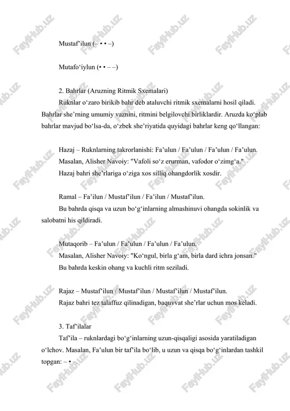 knlardagi bo‘g‘inlarning uzun-qisqaligi asosida yaratiladigan o‘lchov. masalan, faʼulun bir tafʼila bo‘lib, u uzun va qisqa bo‘g‘inlardan tashkil topgan: – • –. har bir rukn tarkibida ma’lum taf’ilalar bor. ular she’rning ritmik silliqligini ta’minlaydi. 4. ritmning ahamiyati va amalda qo‘llanishi ritmik birliklar she’rning ichki ohangi, talaffuzi va estetik jozibasini belgilaydi. ular qofiya, radif bilan uyg‘un holda she’rga o‘ziga xos musiqiylik kiritadi. aruz sheʼriyatida ritm o‘quvchiga chuqur hislar va tasavvurlarni o‘tkazishga xizmat qiladi. shu sababli, ruknlar va bahrlarning to‘g‘ri ishlatilishi she’r muvaffaqiyati uchun muhim omildir.