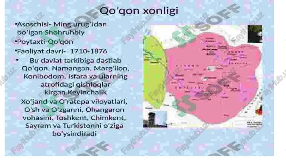 hukmida bo’lub, xonga maxsus beriladurg’on arizaga rizaga va bo’lak ishlarga vosita bo’ladur. oltinchi tunqator. bu mansabdagi odam xonning maxsus yotadurg’on joyigaposbondek, kechasi doimo uxlamay xonning amriga muntazir bo’lib turardilar. yettinchi noib. tomomi sarbozlar aning ixtiyorida bo’ladur. sakkizinchi otaliq. to’qqizinchi dodxoh o’ninchi mehtarboshi. mulla olimning bu qaydlarida ma’lum ziddxiyatlar uchrashidan qa’tiy nazar, bu masalaga bag’ishlangan birinchi izlanishlardan bo’ldi. u mavjud mansab va unvonlarini ltasnif qilib, ularni daraja bandlik qilib, tartibga tushirgan. qo’qon xonligida unvon va mansablar ularning ijrochilarining vazifalari va martabalariga qarab harbiy, harbiy-ma’muriy, saroyning unvon va mansablari, ma’muriy vazifalariga hamda diniy va diniy qozixona amallariga bo’linar edi. xonlikda eng oliy va markaziy unvon “xon” (qoon-mo’g’ulcha so’z) unvoni bo’lib, uning hukumati cheklanmagan. farmon berish va uning bajarilishini nazorat etish salohiyatlari uning qo’lida edi. qo’qon xonligi asosan olimxon, umarxon va muhammad alixon davrlarida (1798-1842 yillari) ancha barqaror va tinch rivojlangan. lekin xix asrning o’rtalariga kelib, bu davlat tanazzulga duch kela boshladi. bu …