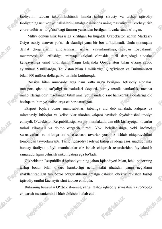 tovarlar turlari xilma-xil va doimo o‘zgarib turadi. yoki belgilanishiga, yoki iste’mol xususiyatlari va sifatiga ko‘ra o‘xshash tovarlar yurtimiz ishlab chiqaruvchilari tomonidan tayyorlanyapti. tashqi iqtisodiy faoliyat tashqi savdoga asoslanadi, chunki bunday faoliyat tufayli mamlakatlar o‘z ishlab chiqarish resurslaridan foydalanish samaradorligini oshirish imkoniyatiga ega bo‘ladi. o‘zbekiston respublikasi iqtisodiyotining jahon iqtisodiyoti bilan, ichki bozorning tashqi bozor bilan o‘zaro hamkorligi uchun sifat jihatidan yangi negizlarni shakllantiradigan tub bozor o‘zgarishlarini amalga oshirish obektiv ravishda tashqi iqtisodiy omilni kuchaytirishni taqozo etmoqda. bularning hammasi o‘zbekistonning yangi tashqi iqtisodiy siyosatini va ro‘yobga chiqarish mexanizmini ishlab chikishni talab etdi. 1. tashqi savdo siyosatining mohiyati va ahamiyati ma’lumki, xvi-xix asrlar davomida buyuk geografik kashfiyotlar, sanoat to‘ntarilishi va yaxlit milliy davlatlarning vujudga kelishi tashqi savdo operatsiyalari hajmi va nomenklaturasini sezilarli kengayishiga sabab bo‘ldi. shu sababli ham xalqaro savdo nazariyalariyalarini o‘rganishga katta e’tibor qaratildi. tashqi savdo xalqaro mehnat taqsimoti asosida paydo bo‘ladigan turli davlatlar tovar ishlab chiqaruvchilari o‘rtasidagi aloqalarning bir shakli bo‘lib, …