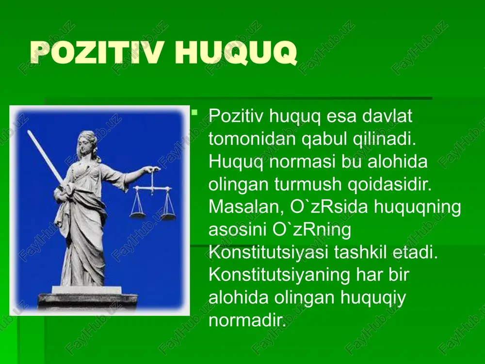 llari bayon etiladi. huquq normalari, institutlari va huquq sohalariga birlashib yagona huquq tizimini tashqil qiladi. huquq tizimi — huquqning mohiyati bilan ya’ni tabiiy huquq — tabiat tomonidan berilgan. masalan, insonning yashash huquqi, har bir shaxsning mulkdor bo‘lishlik huquqi va pozitiv huquq davlat tomonidan chiqarilgan (obyektiv va subyektiv) huquq bilan belgilanadi. huquq tizimining tuzilish tamoyillari. huquq tizimi tarixan obyektiv shakillanuvchi hodisa bo‘lgani sababli, uning normalari, huquq institutlari va huquq sohalariga ish ham obyektiv tamoyillarga asoslanadi. huquq tizimining obyektiv tamoyillari —bu jamiyatda har bir huquq sohasi bilan kishilar o‘rtasidagi ijtimoiy munosabatlarni tartibga solishdir. bu ijtimoiy munosabatlar o‘zining mazmuni na davlat boshqaruvining qaysi sohasiga tegishli ekanligi bilan farq qiladi. jamiyatning iqtisodi, ijtimoiy va siyosiy tuzilishidan kolib chiqqan xilma — xil ijtimoiy munosabatlar shu munosabatlarni tartibga soladigan huquqiy normalarning turini belgilab beradi. shuning uchun ham huquq institutlari va huquq sohalariga hamda huquq normalariga -huquq tizimiga bo‘lishning bosh asoslaridan biri bu huquq bilan tartibga solinadigan …
