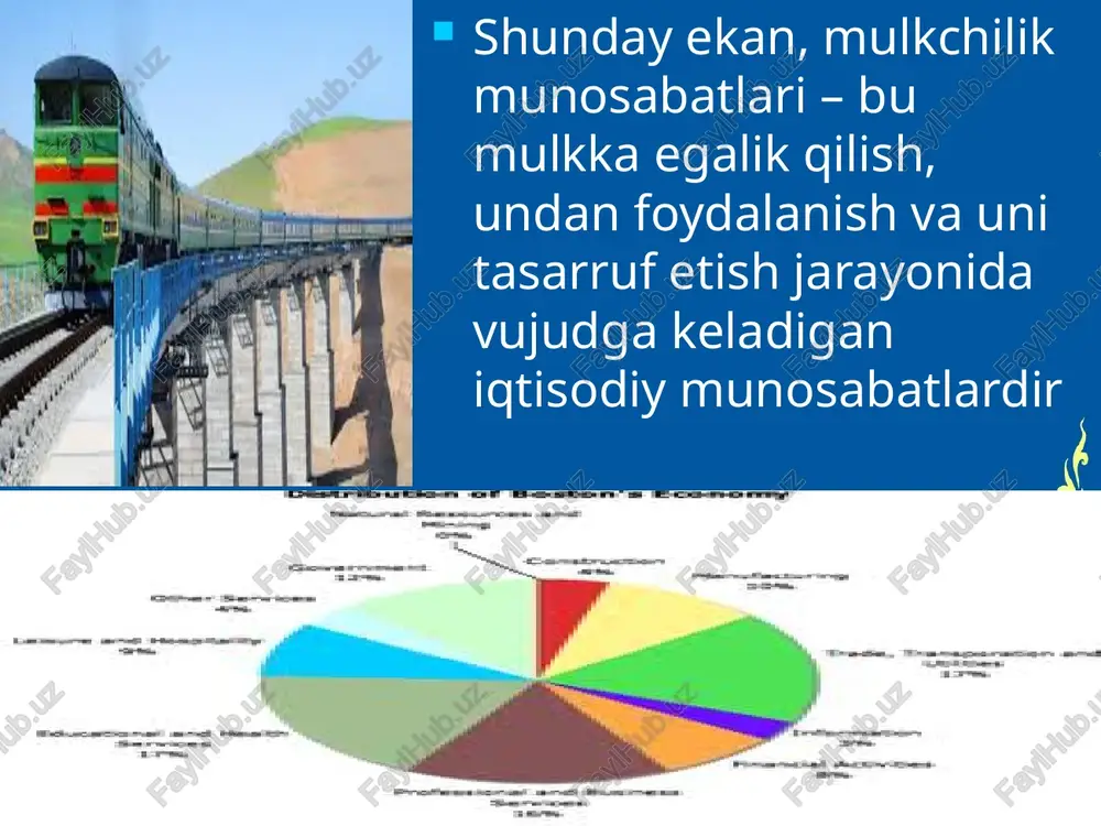 ehna faoliyati bilan bog’liq bo’lgan mehnatkashlarning shaxsiy mulkini, tashqi iqtisodiy munosabatlar sohasidagi aralash mulk shakllarini va xususiy mulklarni o’z ichiga oladi. xulosa o’zbekistonda bozor iqtisodiyotiga o’tish davrida mulkchilikning turli shakllarini vujudga keltirish asosiy maqsad emas. bu faqat ishlab chiqarishni rivojlantirish va uning samaradorligini oshirishning barcha imkoniyatlaridan to’liq foydalanish, tashabbuskorlik va sog’lom raqobatni vujudga keltirish uchun qulay muhit yaratishga qaratilgandir. foydalanilgan adabiyotlar: o’zbekiston respublikasining konstitutsiyasi, toshkent, “o’zbekiston”, 2012. shodmonov sh., alimov r., jo’rayev t.,iqtisodiyot nazariyasi. toshkent. moliya. 2002. etiboringgiz uchun raxmat ! audio1.wav image7.png image8.jpeg image9.jpeg image10.jpeg image11.jpeg image13.jpeg image12.jpeg image14.jpeg image15.jpeg image16.jpeg image17.jpeg image18.jpeg image1.jpeg image2.wmf image3.png image4.png image5.png image6.png /docprops/thumbnail.jpeg