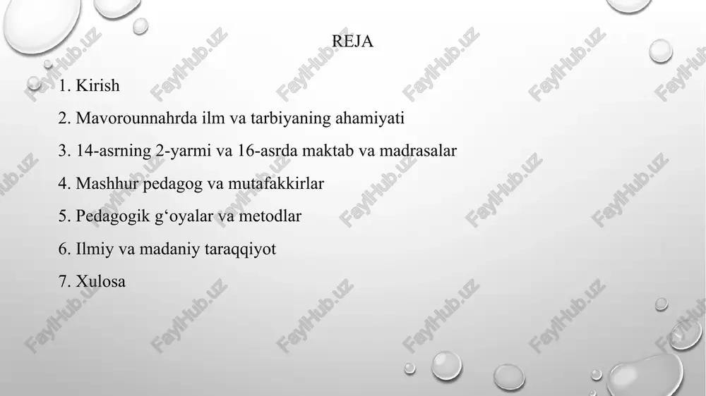 undash, ilm-fanga mehr uyg‘otishga bag‘ishlangan. uning pedagogika sohasidagi qarashlari zamonaviy o‘qituvchilar uchun ham dolzarb ahamiyat kasb etadi. madaniy taraqqiyot va kutubxonalar 14-16 asrlarda mavorounnahrda ilmlar taraqqiyoti madaniyat, adabiyot, san’at va arxitektura rivoji bilan chambarchas bog‘liq bo‘lgan. kutubxona va kitobat san’ati rivojlanib, ulkan kutubxonalar tashkil etilgan. samarqand, buxoro, hirot kabi shaharlar kutubxonalari o‘z zamonasi uchun noyob manba bo‘lib, olim va talabalar uchun ilm cho‘qqilarini zabt etish imkonini yaratgan. ilm-fan rivojida ayollarning o‘rni mazkur davrda ayollar ham ilmiy va tarbiyaviy hayotda faol qatnashgan. xonadon va jamiyatdagi ayollar bolalarning tarbiyasi va ma’naviy rivojiga hissa qo‘shgan, ayrim ayol olimalar ham maktab va madrasalardagi ta’lim jarayonida faol ishtirok etgan. jamiyatda ayolga hurmat va ta’lim-tarbiyada o‘ziga xos o‘rin ajratilgan. xulosa xulosa qilib aytganda, 14-asrning 2-yarmi va 16-asrda mavorounnahrda tarbiya, maktab va pedagogik fikrlar taraqqiyoti beqiyos bo‘lgan. bu tarixiy davrda shakllangan boy pedagogik meros nafaqat mintaqa, balki dunyo sivilizatsiyasi uchun muhim ahamiyatga ega bo‘lib, bugungi kunda ham …