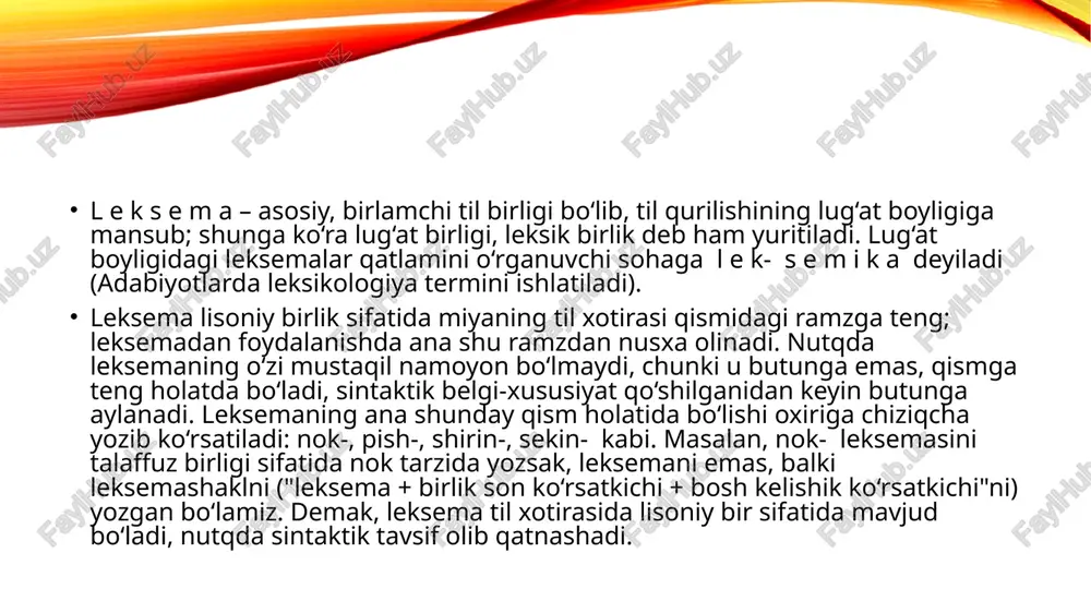 bilan tugaydigan vcc, (ust-, ort- kabi), cvcc (qirq-, turt- kabi) turkiy leksemalar ham sanoqli. ifoda jihati faqat yakka ovoz tovushga teng leksema hozirgi o‘zbek tilida yo‘q; yakka ovoz tovush bilan ifodalanadigan deb u olmoshini ko‘rsatish to‘g‘ri emas, chunki bu olmosh ul-, un- shakllarida ham ishlatiladi; hatto "to‘liqsiz fe'l" deb nomlanuvchi e- ham er- shaklida uchraydi. adabiyotlarda uzoq vaqt "bir bo‘g‘inli turkiy so‘zlar azalan cvc tuzi-lishiga ega bo‘lgan, vc, cv, v ko‘rinishlari cvc ko‘rinishi tarkibidagi bi-rinchi, uchinchi, birinchi va uchunchi tovushni (fonemani) tashlash (talaffuz qilmaslik) natijasida yuzaga kelgan" mazmunli fikr hukmron bo‘ldi. tarixiy-etimologik nuqtayi nazardan yondashish ko‘rsatadiki, qadimgi turkiy tilda yakka ovoz tovushning o‘zi bilan ifodalangan leksemalar mavjud bo‘lgan. masalan, qadimgi turkiy tilda ¢uyqu¢ ma'nosini anglatuvchi u- leksemasi mavjud bo‘lgan; yog‘och leksemasi asli ¢o‘simlik¢ ma'nosini anglatgan ı- leksemasidan yasalgan va b. ("o‘zbek tilining etimologik lug‘ati"ga qarang). image2.png image1.png /docprops/thumbnail.jpeg