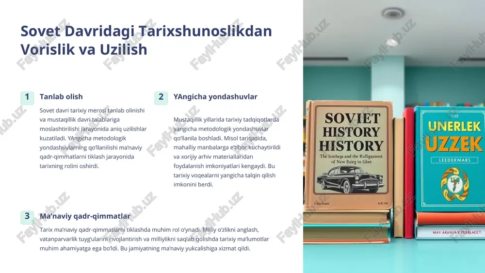 xaulosalar chiqarish imkonini beradi. qiyosiy tahlil tarixiy voqealarni tushunishni osonlashtiradi. 5 tarixiy ob’ektivlik va ilmiy xolisonalik masalasi 1 muammolar tarixiy haqiqatga erishishdagi muammolar ko‘p. ilmiy xalisonalikni ta’minlash mexanizmlari mavjud. tarixni siyosiylashtirishdan saqlanish usullari talab etiladi. tarixiy ob’ektivlikni saqlash zarur. 2 mexanizmlar ilmiy xalisonalikni ta’minlanishining mexanizmlari turlicha bo‘lishi mumkin. jumladan, tadqiqotchilarning mustaqilligi, tarixiy ma’lumotlarni xolis tahlil qilish va ilmiy jamoatchilikning nazorati. ushbu mexanizmlar tarixiy tadqiqotlarning xaqqoniyligini ta’minlashda muhim rol o‘ynaydi. 3 siyosiylashtirish tarixni siyosiylashtirishdan saqlanish usullari, bu – tarixiy faktlarni siyosiy maqsadlarda buzib talqin qilishga yo‘l qo‘ymaslikdir. tarixiy tadqiqotlarda xolislik va obyektivlikni saqlab qolish muhim. shu bilan birga, turli siyosiy kuchlarning ta’siridan himoyalanish zarur. 6 foydalanilgan adabiyotlar ushbu taqdimotni tayyorlashda quyidagi asosiy ilmiy manbalardan foydalanildi: monografiyalar: o‘zbekiston tarixiga oid yetakchi olimlarning asarlari. maqolalar: ilmiy jurnallarda chop etilgan maqolalar. arhiv hujjatlari: o‘zbekiston milliy arhivida saqlanayotgan hujjatlar. shuningdek, tadqiqotda quyidagi xorijiy adabiyotlardan ham foydalanildi: rus tili: rossiya olimlarining o‘zbekiston tarixiga oid asarlari. ingliz …