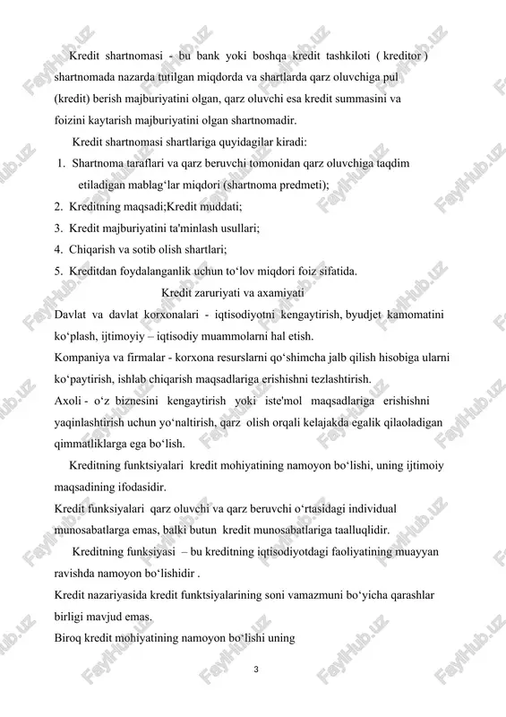 ‘batlantiruvchi funktsiyalar ekanligini hamma tan oladi. kreditning asosiy funksiyalari: 1. emissiya funksiyasi. 2. qayta taqsimlovchi funksiyasi. 3. rag‘batlantiruvchi funksiyasi. emissiya funksiyasi - muomaladagi kredit fondlari alohida bank tomonidan emas, balki butun moliya tizimi tomonidan yaratiladi. qayta taqsimlovchi funksiyasi - kredit munosabatlari bo‘sh pul mablag‘larini muhtojlar foydasiga qayta taqsimlash imkonini beradi. rag‘batlantiruvchi funksiyasi - o‘z mablag‘lari mavjud bo‘lmagan holda ishlab chiqarishni rivojlantirish imkoniyatida namoyon bo‘ladi. iqtisodiy kategoriya sifatida kredit quyidagi tamoyillarga ega: 1. kreditning qaytarilishi; 2. kreditning muddatliligi; 3. kreditni ta’minlanganligi; 4. to‘lovlilik; 5. kreditning maqsadliligi; 6. kreditning samaradorligi. kredit tamoyillari: qaytarilishi - bank mablag‘larni faqat shunday shartlarda va ssuda qilingan qiymatning ozod qilinishini va uning bankka qaytishini ta'minlaydigan maqsadlarda berishi mumkinligi tushuniladi. muddatliligi - kredit qat’iy belgilangan muddat ichida qaytariladi, ya’ni vaqt omili unda konkret ifoda topadi. shuning uchun muddatliligi - bu kreditni qaytarishning vaqtini ifoda etadi. to‘lovliligi - bankning vaqtincha foydalanish uchun qiymat berish uchun qarz oluvchidan ma'lum haq …