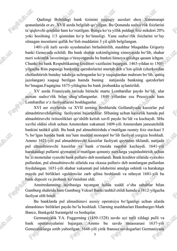 jazolangan) xuquqi berilgan hamda buning natijasida bankning qarzdorlari bo‘lmagan.faqatgina 1675-yildagina bu bank jirobankka aylantirildi. xv asrda fransiyada tarixda birinchi marta lombardlar paydo bo‘ldi, ular asosan sudxo‘rlik bilan shug‘ullanganlar. 1848 yillardan esa prussiyada ham lombardlar o‘z faoliyatlarini boshlaganlar. xvi asr oxirlarida va xvii asrning boshlarida gollandiyada kassirlar pul almashtiruvchilarning faoliyatini bajarardilar. shuning uchun kassirlik hamda pul almashtiruvchi ixtisosliklari qo‘shilib ketish xavfi paydo bo‘ldi va kuchaydi. shu xavfni oldini olish uchun amsterdam xukumati 1609-yili amsterdam jamoatchilik bankini tashkil qildi. bu bank pul almashtirishda o‘rnatilgan rasmiy foiz stavkasi 5 % bo‘lgan hamda bank ma’lum muddat monopol bo‘lib faoliyat yurgiza boshladi. ammo 1621-yili pul almashtiruvchi kassirlar faoliyati qaytadan tiklandi, natijada pul almashtiruvchi kassirlar va bank o‘rtasida raqobat kuchaydi. 1641-yili harakatdagi pullarni qiymatini o‘rnatilgan qonuniy narxlarga yaqinlashtirish uchun ba’zi monetalar «yaxshi bank pullari» deb nomlandi. bank kreditor sifatida «yaxshi» pullardan, pul almashtiruvchi sifatida esa «kassa pullari» deb nomlangan pullardan foydalangan. 1651-yili shahar xukumati pul islohotini …