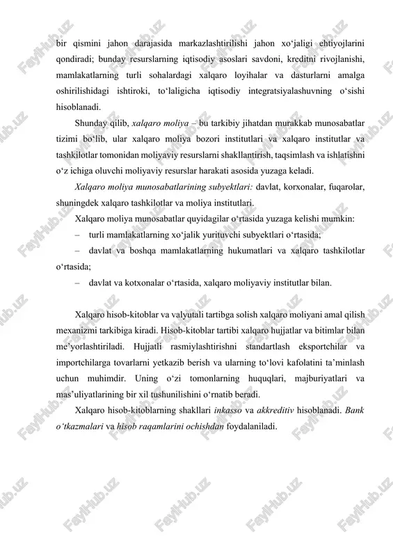 asi va xalqaro moliyaviy institutlar xalqaro iqtisodiy tashkilotlar (xit) xalqaro bitim asosida ma’lum iqtisodiy aloqalarni (valyuta, kredit, soliq, transport, tovar almashuvi va h.k.) olib borish maqsadida tuzilgan tashkilotdir. xit – tuzilishining asosiy maqsadi jahon hamjamiyatida yoki ma’lum mintaqada iqtisodiy hamkorlikni kengaytirishdir. xitlar faoliyat ko‘lami nuqtai nazaridan jahon miqyosidagi yoki mintaqaviy tashkilot bo‘lishi mumkin. jahon miqyosidagi (umumjahon) xitlar: xalqaro valyuta jamg‘armasi, jahon banki, umumjahon savdo tashkiloti, xalqaro mehnat tashkiloti, bmt ning iqtisodiy-ijtimoiy kengashi, unga tegishli maxsus muassasalar, jahon islom konferensiyasi tashkiloti va h.k. mintaqaviy xitlar: iqtisodiy hamkorlik tashkiloti (eko), bmt ning mintaqaviy tashkilotlari – eskato, yeek va h.k. xit shu tashkilotning umumiy tamoyillari va yo‘nalishini belgilovchi yuridik hujjat asosida o‘z faoliyatini olib boradi. bu hujjat har bir a’zo tomonidan imzolanib, nizom (ustav), deklaratsiya yoki bitim tarzida bo‘ladi. nima uchun bu tashkilotlar xaqida chuqurrok bilishimiz kerak? chunki, dunyo hamjihatligiga, iqtisodiy hamkorlik rivojini ta’minlashga, integratsion jarayonlarga bir tomondan davlatlararo munosabatlar bilan chiqilsa, ikkinchi …