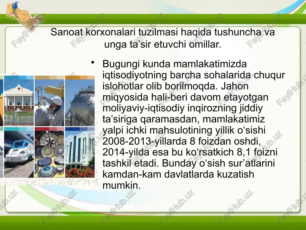 mkoniyatini yaratish; tashqi muhitda sodir bo‘lgan kutilmagan o‘zgarishlarga tezda moslashish, masalan, bozor konyunkturasini o‘zgarishi; korxona oldida turgan vazifalarni o‘zgarishiga qarab ishlab chiqarish bo‘limlarini o‘zini-o‘zi samarali boshqarish qobiliyatiga ega bo‘lishni albatta o‘z ichiga olishi kerak. ishlab chiqarish tuzilmasini takomillashtirish muammolari, korxonalar rivojlanishining har bir bosqichiga korxona faoliyati samaradorligini oshirishga ta’sir etadigan ma’lum bir ishlab chiqarish strukturasi mos keladi. sanoat rivojlanishining dastlabki bosqichida universal korxonalar tashkil qilingan bo‘lib, ular murakkab ishlab chiqarish strukturasiga ega bo‘lgan, chunki unda tayyorlov, ishlov berish, yig‘ish sexlarida cho‘yan quyish, rangli metall quyish, temirchilik, presslash, mexanika, slesarlik-yig‘ish va boshqa jarayonlar amalga oshirilgan. bunday ishlab chiqarish strukturasi har qanday ishlab chiqarish doirasidagi buyurtmani bajarish imkonini bergan va korxonani yuqori raqobatbardoshligini ta’minlagan. sanoat rivojlanishining bu bosqichida ishlab chiqarish strukturasining texnologik turi hukmron bo‘lib, u o‘z navbatida ayni texnika taraqqiyoti darajasida dastgohlarni bir xil guruhi bo‘yicha joylashtirishga majbur etgan. 4. o’zbekistonda bozor munosobatlarining shakllanishi bank uy xo’jaligi korxona davlat bozor xoʻjaligi …