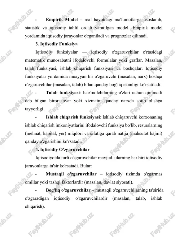 tushunchalari haqida yanada chuqurroq ma'lumotlar quyidagicha bo'ladi: 1. iqtisodiyot: ta'rifi va tushunchalari iqtisodiyot – jamiyatda resurslar taqsimotini va iste'mol, ishlab chiqarish, taqsimlash jarayonlarini o‘rganadigan ilmiy soha. iqtisodiyotning asosi – jamiyatning mavjud resurslarini eng samarali tarzda taqsimlash, ya'ni chegaralangan resurslar bilan cheksiz ehtiyojlarni qondirishdir. iqtisodiyotning asosiy elementlari: · resurslar: iqtisodiyotning asosi bo‘lib, ular cheklangan va turli xil: yer (tabiat resurslari), mehnat (inson kapitali), kapital (mashinalar, uskunalar), va korxona resurslari (biznes vositalari). · ishlab chiqarish: mahsulotlar va xizmatlarni yaratish jarayoni. ishlab chiqarish jarayonida ishlab chiqarish funktsiyasi va resurslarning samarali qo‘llanishi muhim. · istiqbollar va ehtiyojlar: iqtisodiyotda, ehtiyojlar cheksiz bo‘lsa-da, resurslar cheklangan. shuning uchun iqtisodiyotda qanday qilib ehtiyojlarni qondirish, iste'mol va ishlab chiqarishni muvofiqlashtirish zarur. iqtisodiyotning tarmoqlari: · makroiqtisodiyot: jamiyatning umumiy iqtisodiy holati va uning yirik ko‘rsatkichlari (ya'ni, milliy daromad, inflyatsiya, ishsizlik darajasi, iqtisodiy o‘sish). makroiqtisodiyot davlat siyosati, monetar va fiskal siyosatni tahlil qiladi. · mikroiqtisodiyot: bitta shaxs, firma yoki bozorni o‘rganadi. mikroiqtisodiyotda …