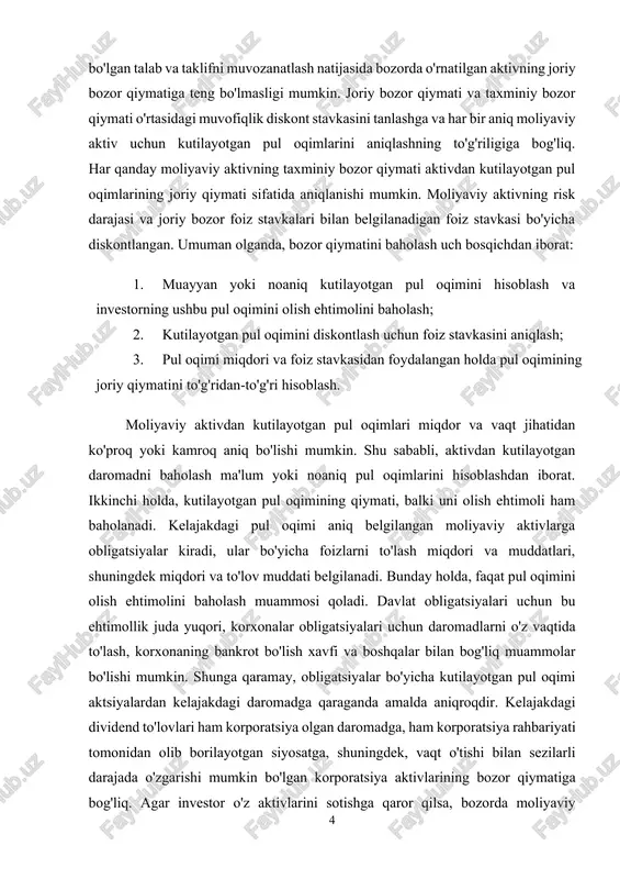 muddatlari, shuningdek miqdori va to'lov muddati belgilanadi. bunday holda, faqat pul oqimini olish ehtimolini baholash muammosi qoladi. davlat obligatsiyalari uchun bu ehtimollik juda yuqori, korxonalar obligatsiyalari uchun daromadlarni o'z vaqtida to'lash, korxonaning bankrot bo'lish xavfi va boshqalar bilan bog'liq muammolar bo'lishi mumkin. shunga qaramay, obligatsiyalar bo'yicha kutilayotgan pul oqimi aktsiyalardan kelajakdagi daromadga qaraganda amalda aniqroqdir. kelajakdagi dividend to'lovlari ham korporatsiya olgan daromadga, ham korporatsiya rahbariyati tomonidan olib borilayotgan siyosatga, shuningdek, vaqt o'tishi bilan sezilarli darajada o'zgarishi mumkin bo'lgan korporatsiya aktivlarining bozor qiymatiga bog'liq. agar investor o'z aktivlarini sotishga qaror qilsa, bozorda moliyaviy aktivning kelajakdagi sotish narxi ham juda noaniq bo'lishi mumkin. diskont stavkasi ikki komponentdan iborat: · xavfsiz foiz stavkasi; · ushbu aktivga investitsiya qilish uchun risk mukofoti; rivojlangan moliya bozorlarida xavfsiz yoki minimal foiz stavkasi qisqa muddatli (3 oygacha) davlat qarzi bo'yicha foiz stavkasiga teng. ukrainada xavfsiz stavkani belgilashda milliy bankning qayta moliyalash stavkasi, depozit stavkalari va boshqalar hisobga …