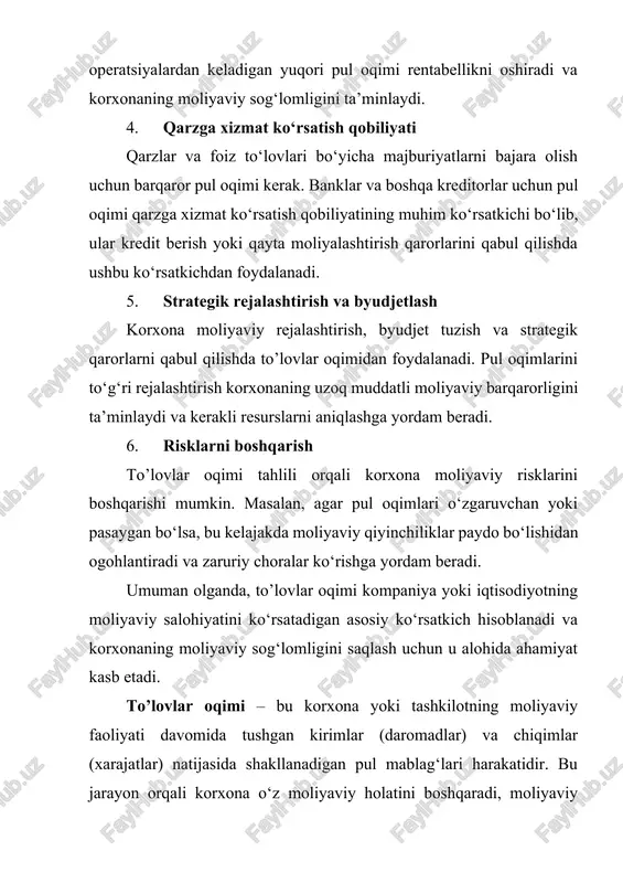 mlaydi va iqtisodiy o‘sishni ta’minlaydi. 8. likvidlikni ta’minlash to’lovlar oqimi korxonaning likvidligini – ya’ni tezkor to‘lov qobiliyatini ko‘rsatuvchi muhim ko‘rsatkichdir. tez va barqaror pul oqimi mavjud bo‘lganda, korxona qisqa muddatda zarur xarajatlarni amalga oshirishi va moliyaviy majburiyatlarini bajarishi mumkin. bu, o‘z navbatida, korxonani likvid saqlab, moliyaviy qiyinchiliklardan himoya qiladi. 9. rentabellikni tahlil qilish va baholash to’lovlar oqimi korxona faoliyatining rentabelligini (foyda olish qobiliyatini) aniqlashda asosiy o‘lchov hisoblanadi. rentabellik va pul oqimi o‘zaro bog‘liq: ko‘proq daromad va samarali xarajatlar bilan bog‘liq ijobiy pul oqimi korxonaning yuqori rentabelligini ta’minlaydi. bu ko‘rsatkich, shuningdek, investorlar va aktsiyadorlar uchun muhim hisoblanadi, chunki u korxonaning kelajakdagi potentsial daromadlari va moliyaviy salohiyatini baholash imkonini beradi. 10. qarzga xizmat ko‘rsatish qobiliyati banklar va boshqa kreditorlar qarz ajratish qarorini qabul qilishda korxonaning pul oqimlariga katta e'tibor berishadi. ijobiy pul oqimiga ega bo‘lgan korxonalar kredit to‘lovlarini vaqtida amalga oshirishi, qarz majburiyatlarini bajarishi mumkin. shu sababli, barqaror to’lovlar oqimi kreditorlarga korxona …